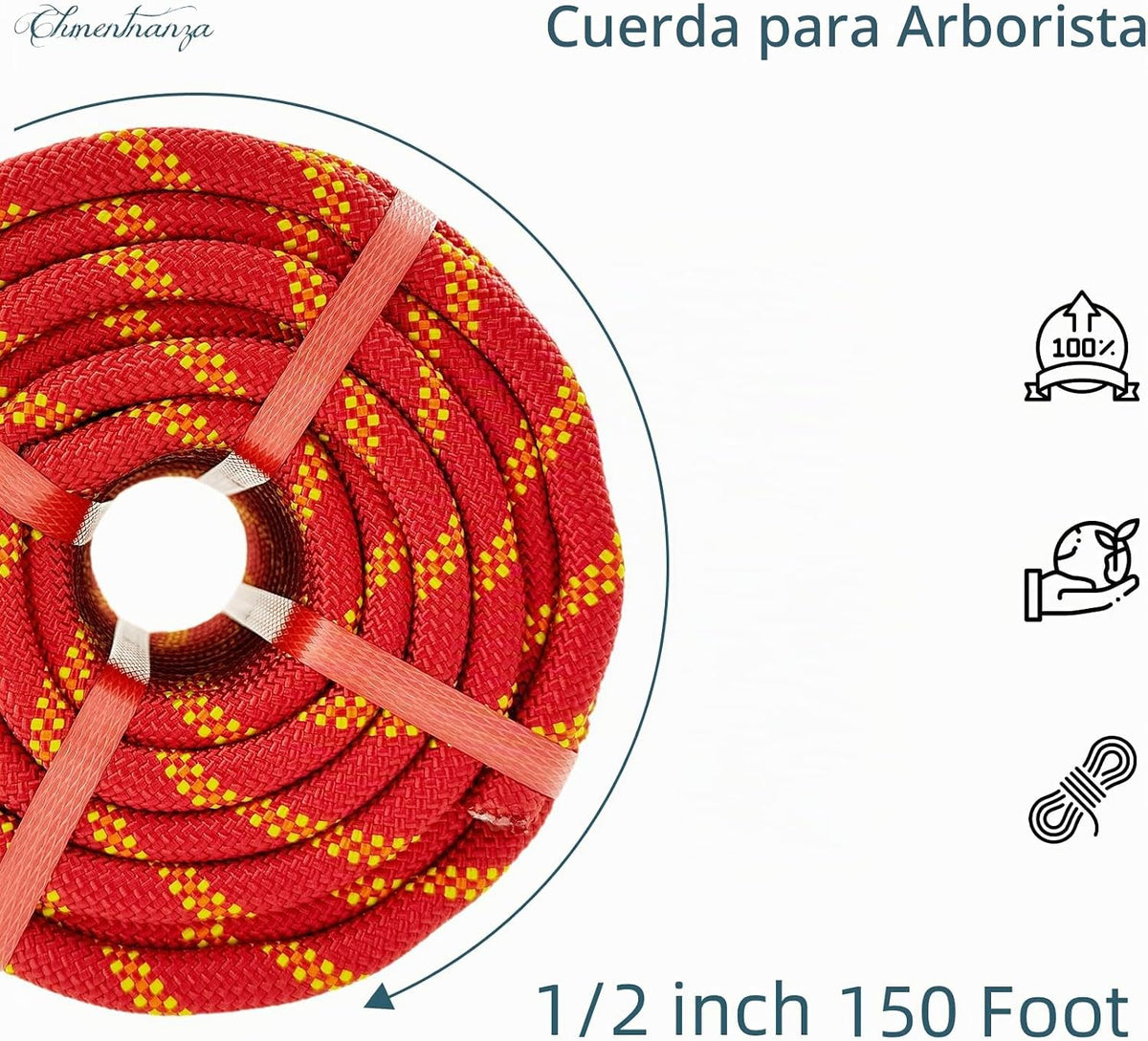 Cuerda de escalada de poliéster para arboristas roja - 1\/2 pulgada...