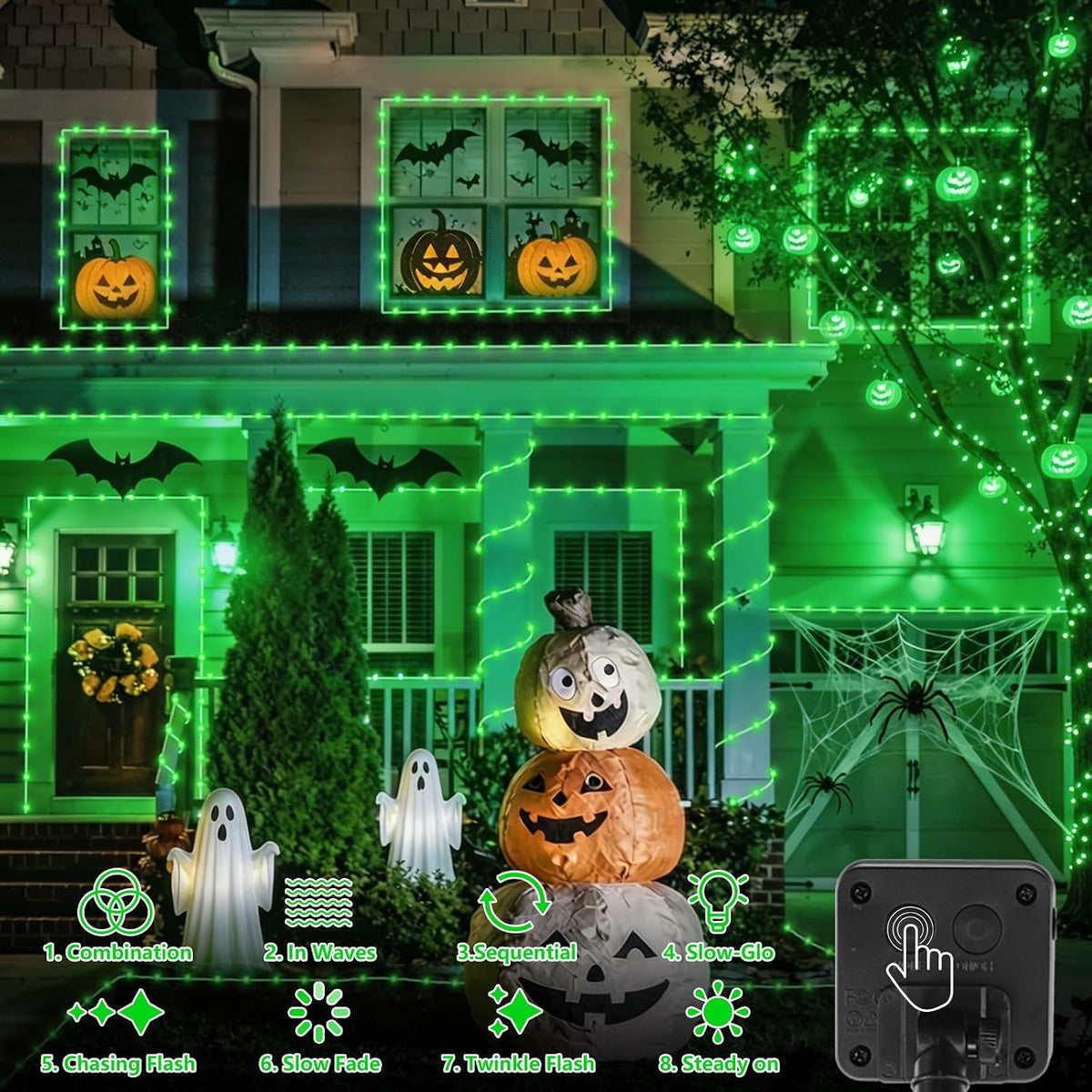 QITONG Luces solares verdes de Halloween, 66 pies, 200 luces LED so...