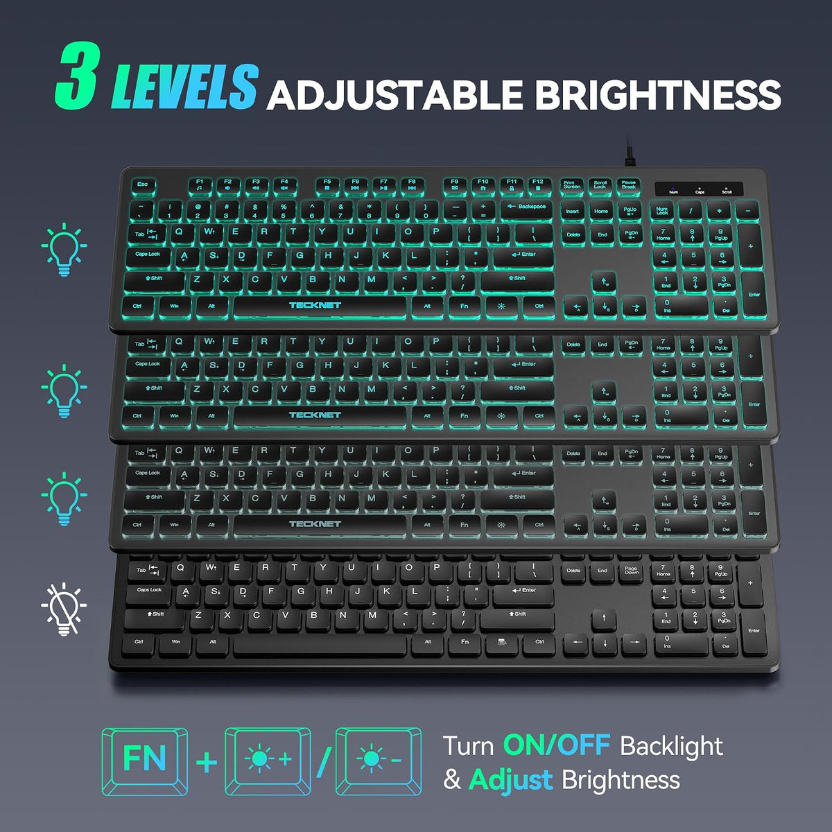 TECKNET Teclado con cable, escritura silenciosa, diseño de tamaño c...