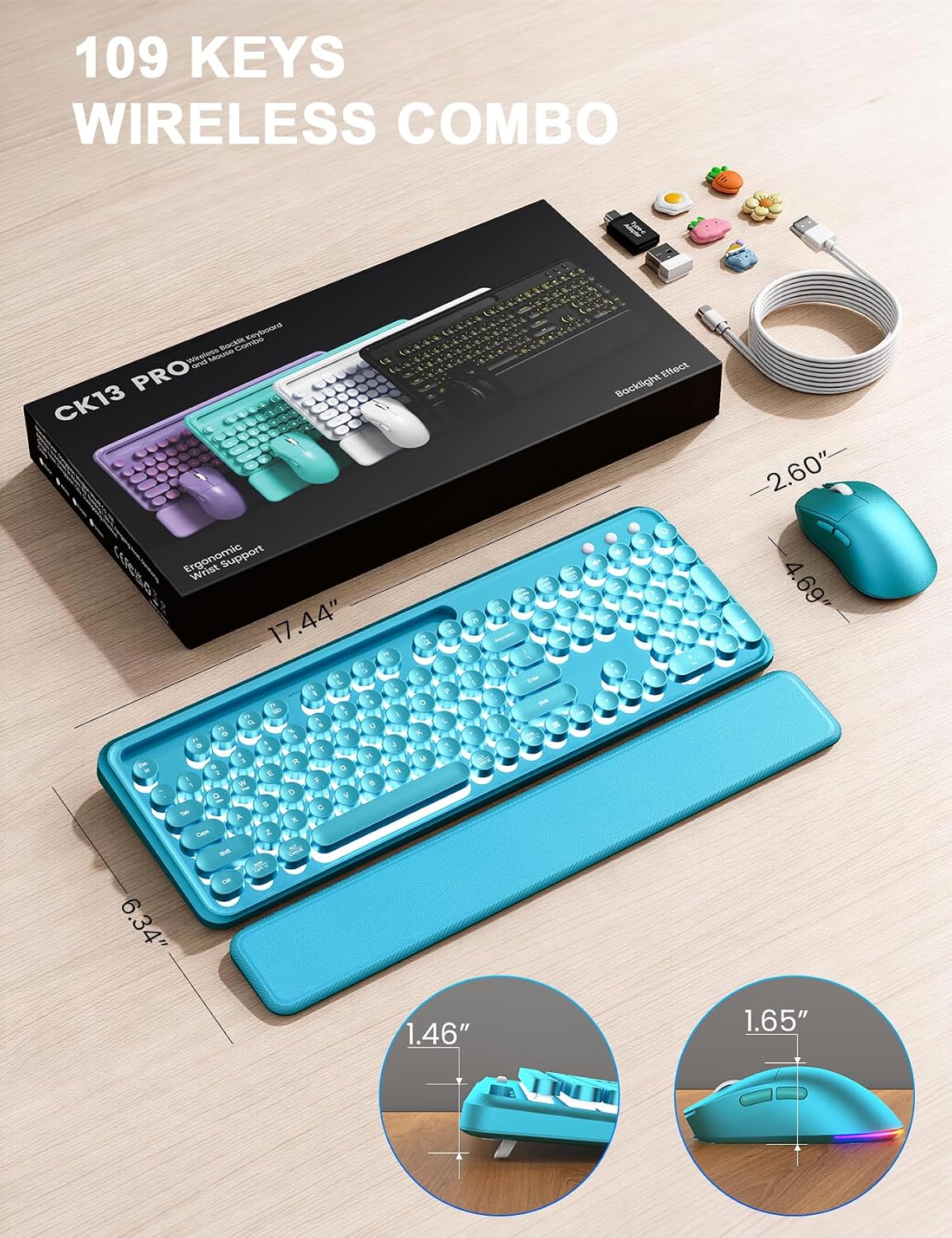 Teclado y mouse inalámbricos, máquina de escribir retroiluminada co...