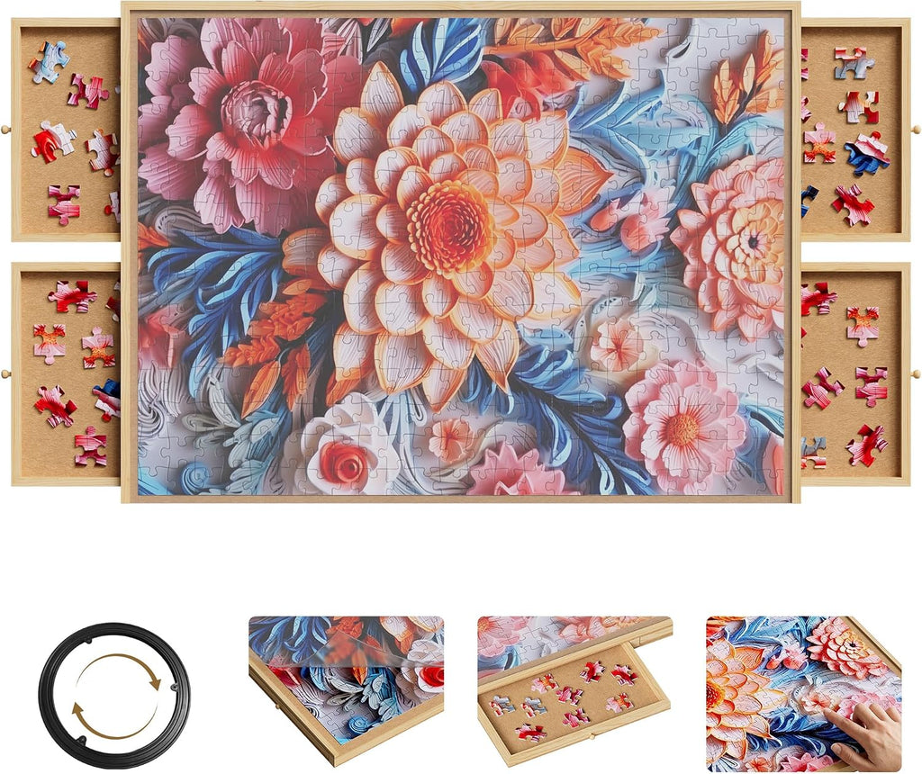 1500 Piece Rotating Puzzle Board with 6 Drawers & Cover, 27"x 35" Wooden Puzzle Table, Jigsaw Puzzle Organizer & Storage Tray, Gift for Puzzle Lover, Adults & Family Game Night