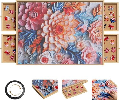 1500 Piece Rotating Puzzle Board with 6 Drawers & Cover, 27"x 35" Wooden Puzzle Table, Jigsaw Puzzle Organizer & Storage Tray, Gift for Puzzle Lover, Adults & Family Game Night