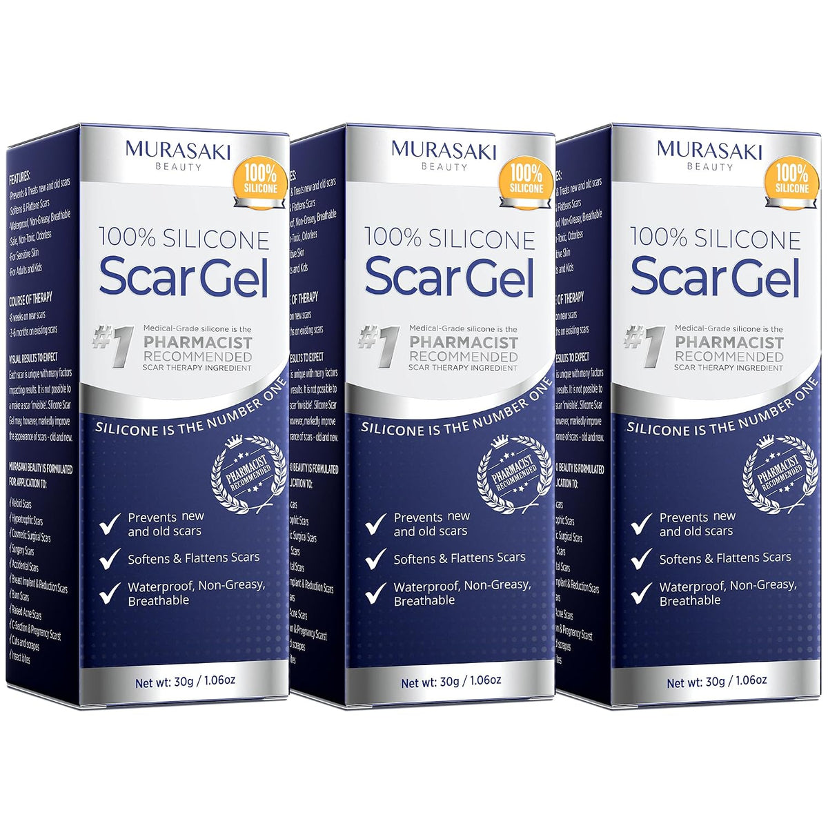 Gel 100% silicona para cicatrices, paquete de 3 \u2013 3 x 1.06oz c...