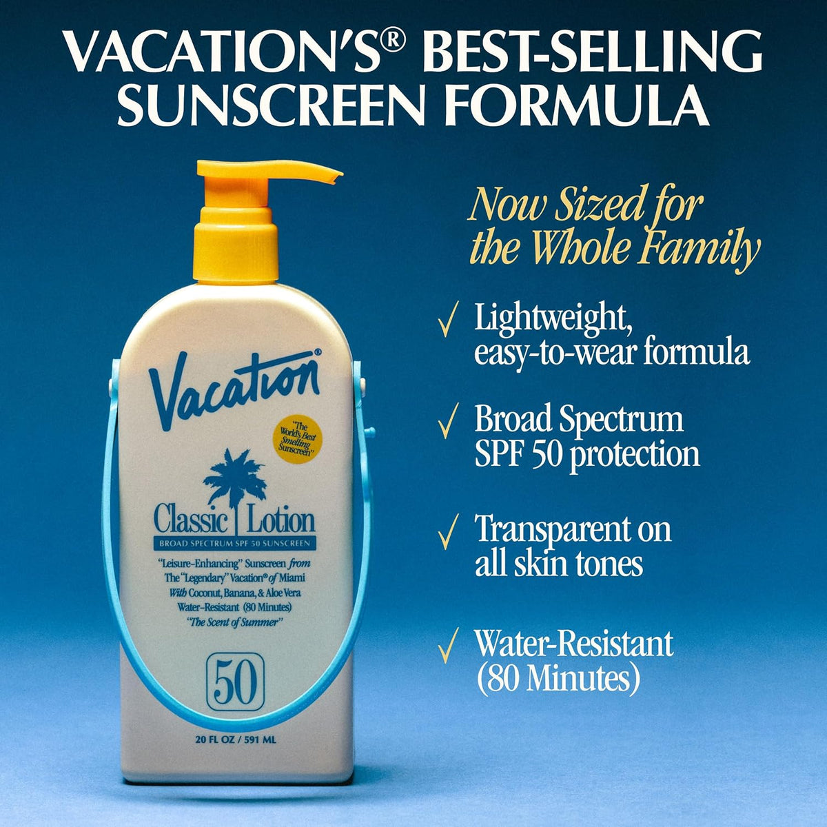Loción protectora solar Vacation Classic SPF 50, 20 onzas líquidas...