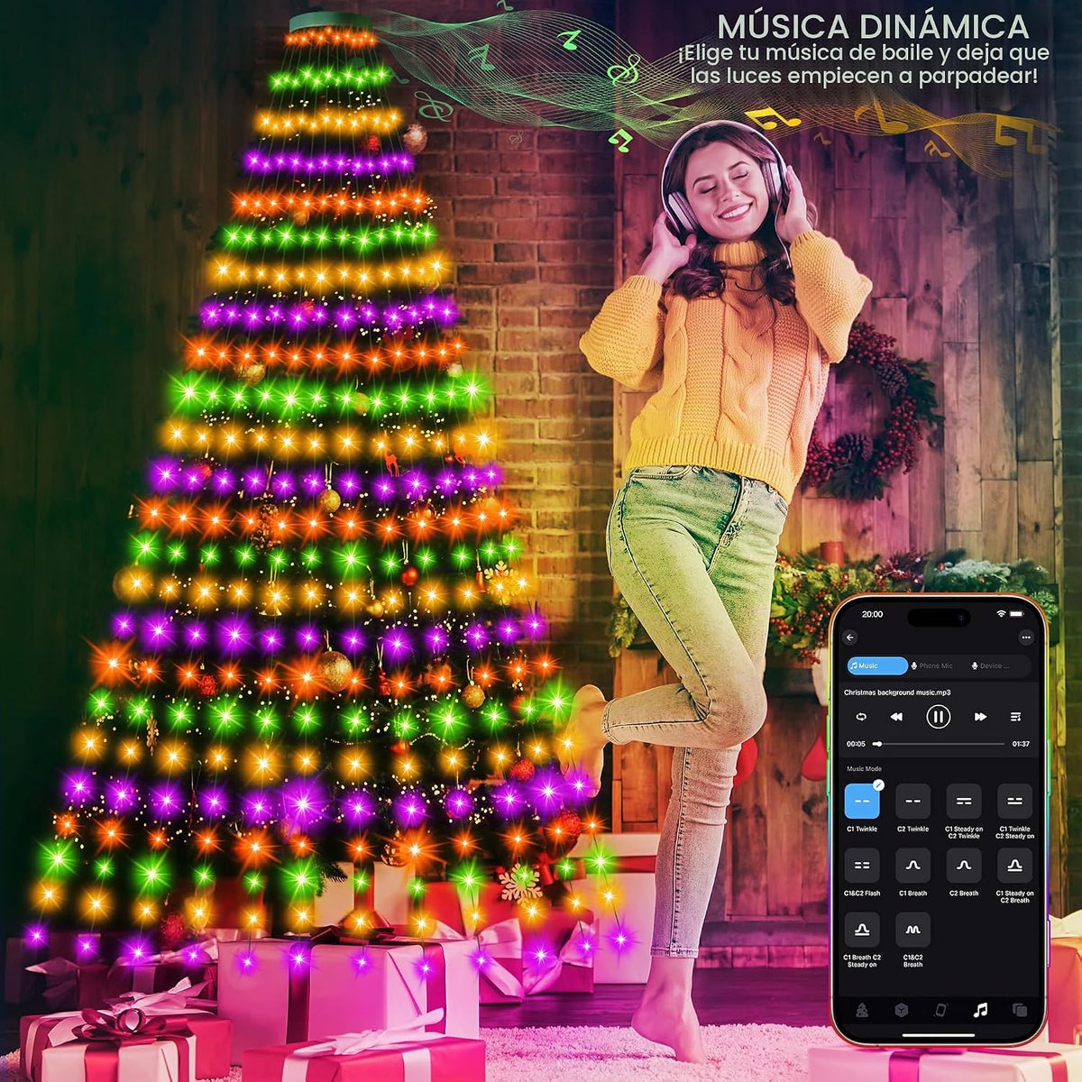 Anillo inteligente con 30 modos de luces para árbol de Navidad para...