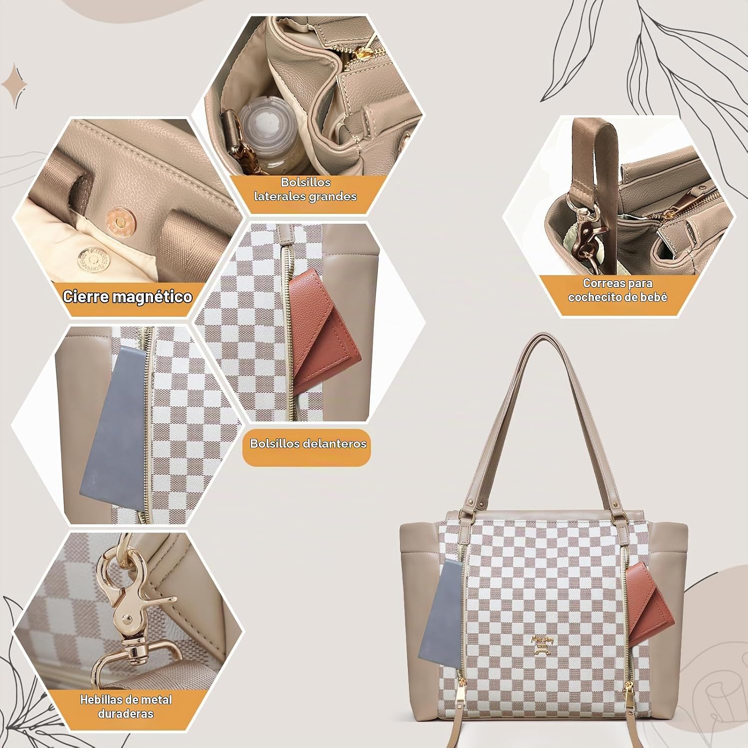 miss fong Bolso de pañales de cuero con diseño a cuadros, mochila g...