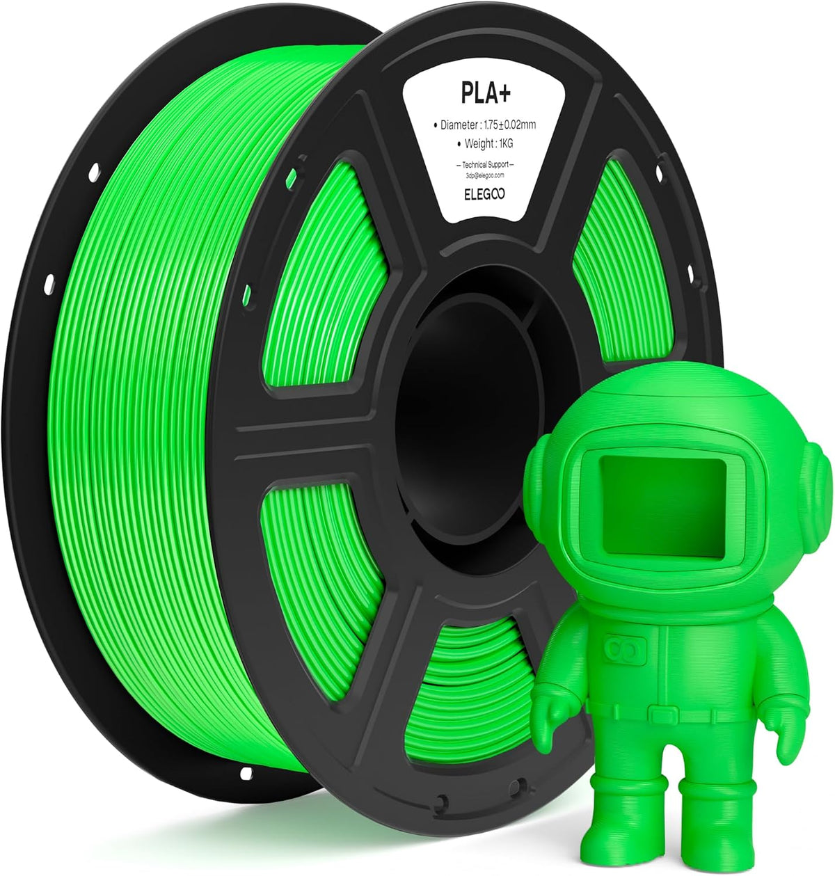 ELEGOO Filamento para impresora 3D PLA+ de 0.07 in, verde neón, 2.2...