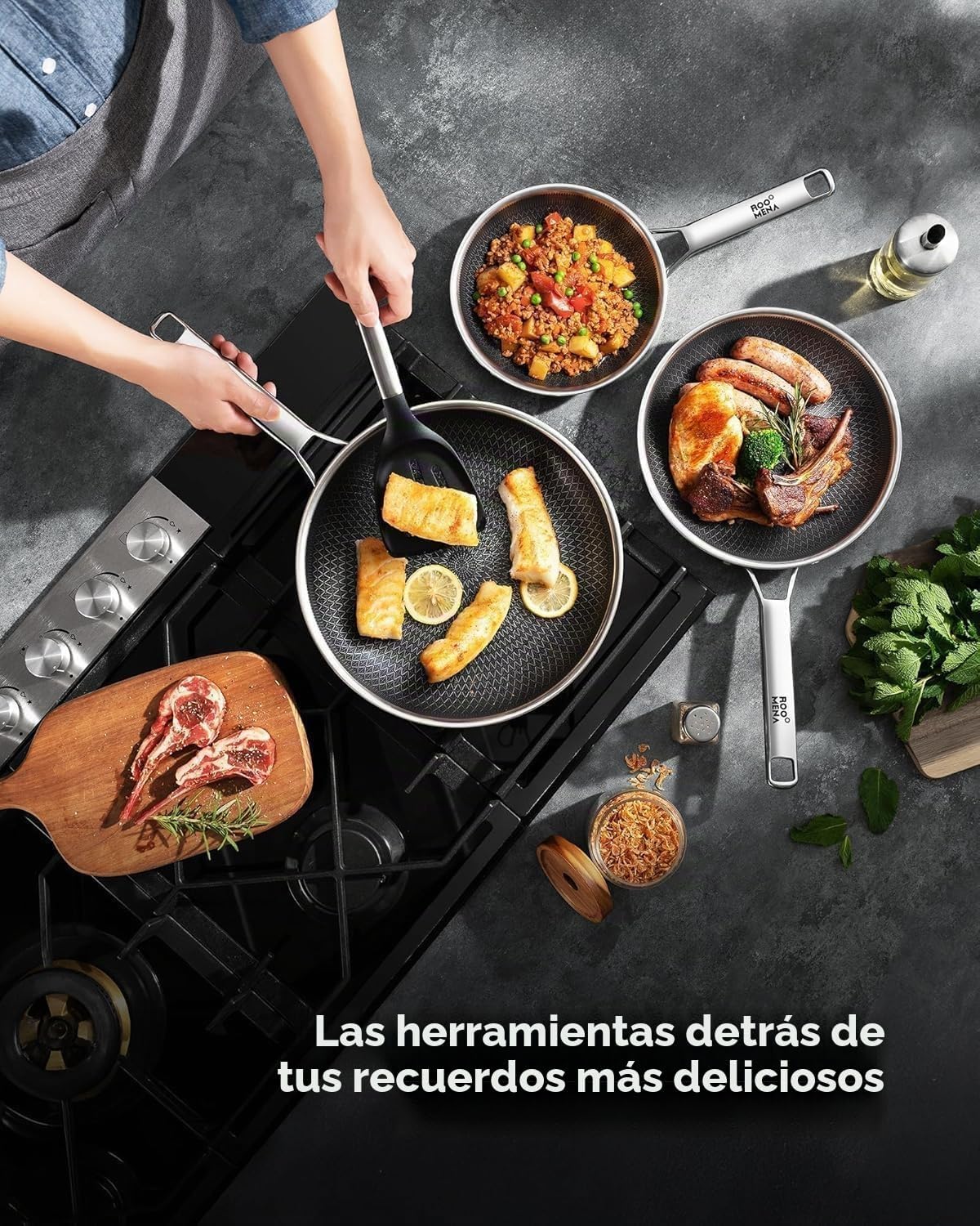 Juego de sartenes antiadherentes, no tóxicas de tres capas de cerám...