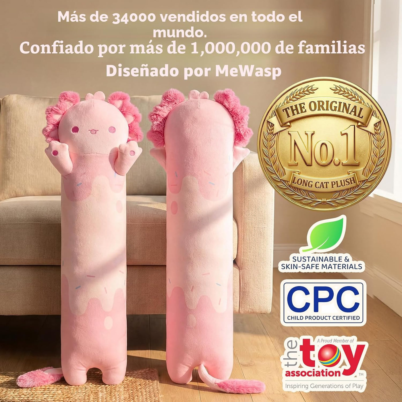 Mewaii Axolotl - Almohada corporal de felpa rosa de 43 pulgadas, re...
