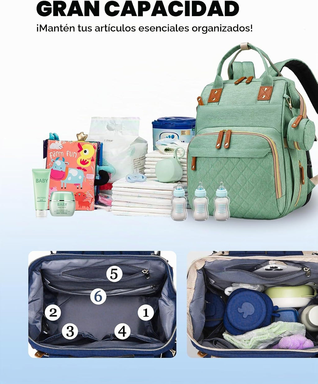 Bolsa de pañales con cambiador, mochila para bebé con cambiador ple...
