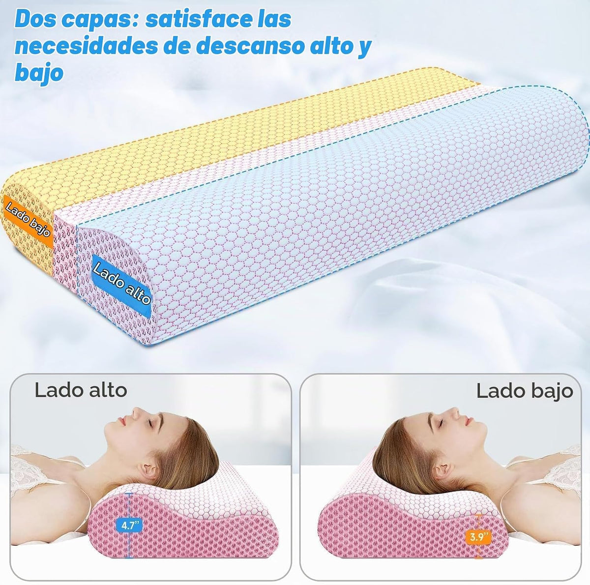 Almohada cervical ergonómica para dormir, almohada cervical rosa, t...