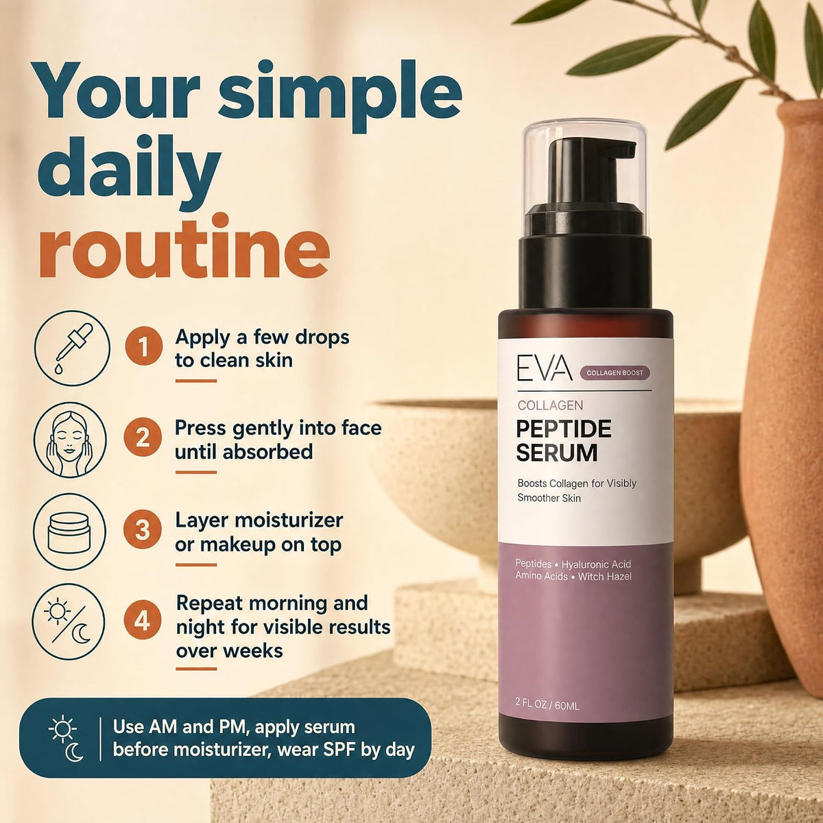 Eva Naturals Suero facial multipéptido, firme, ácido hialurónico, 2...