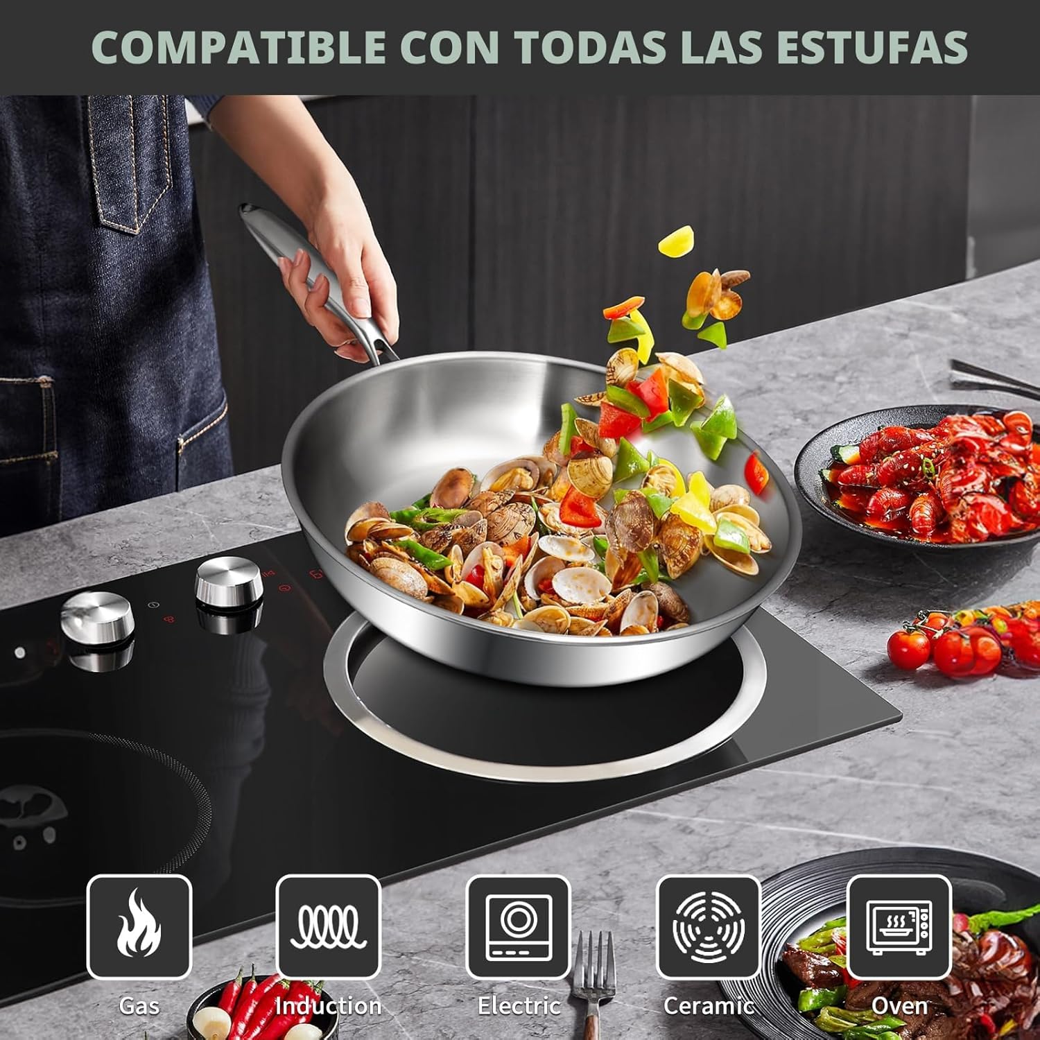 EWFEN Juego de sartenes de acero inoxidable de tres capas, sartenes...