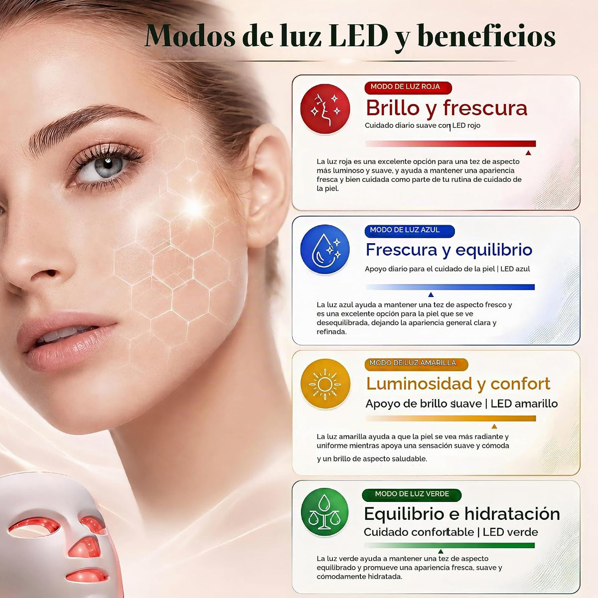 Terapia de luz roja LED para la cara | 7-1 colores, máscara de tera...