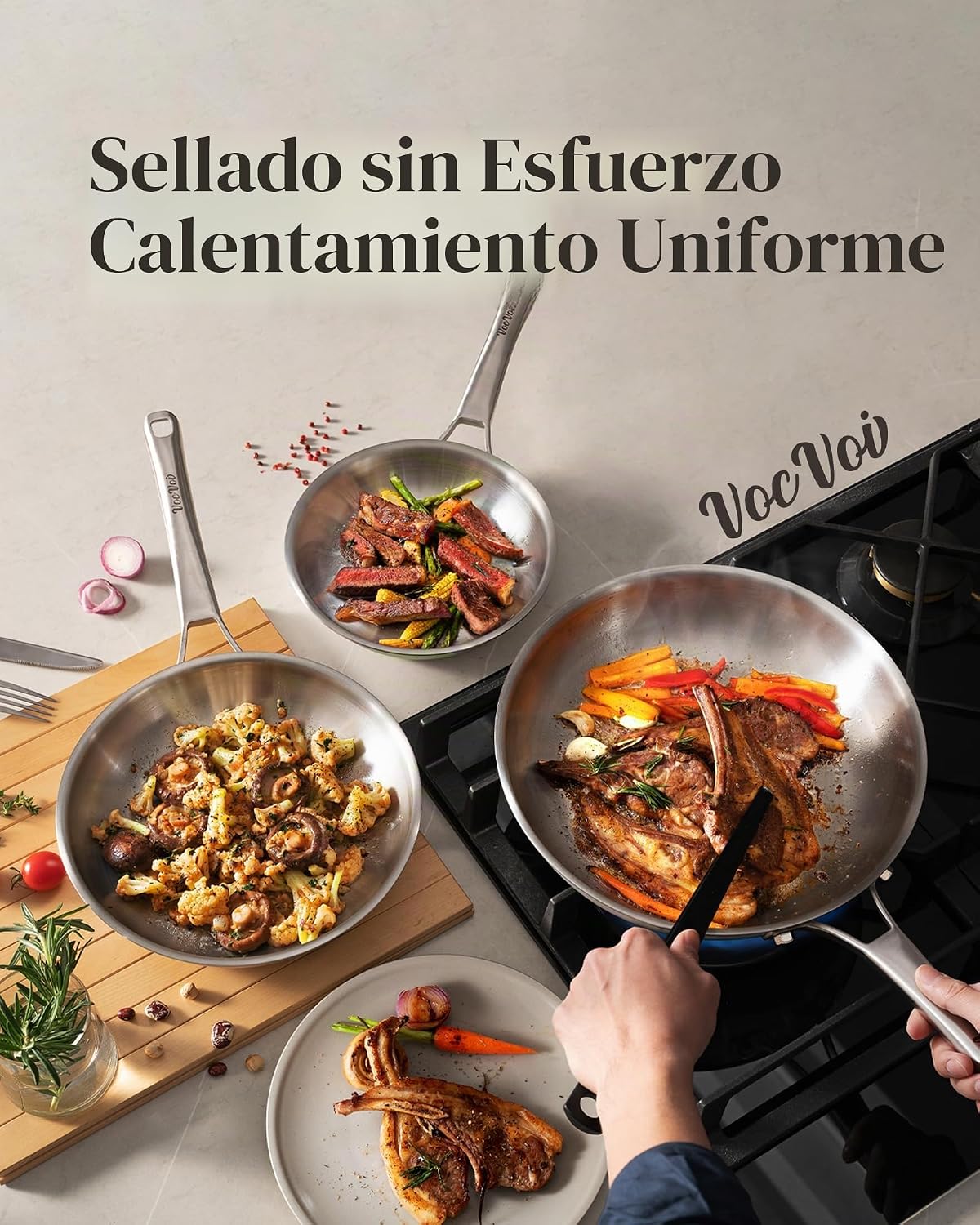 VocVoi Juego de sartenes de acero inoxidable de tres capas, sin PFO...