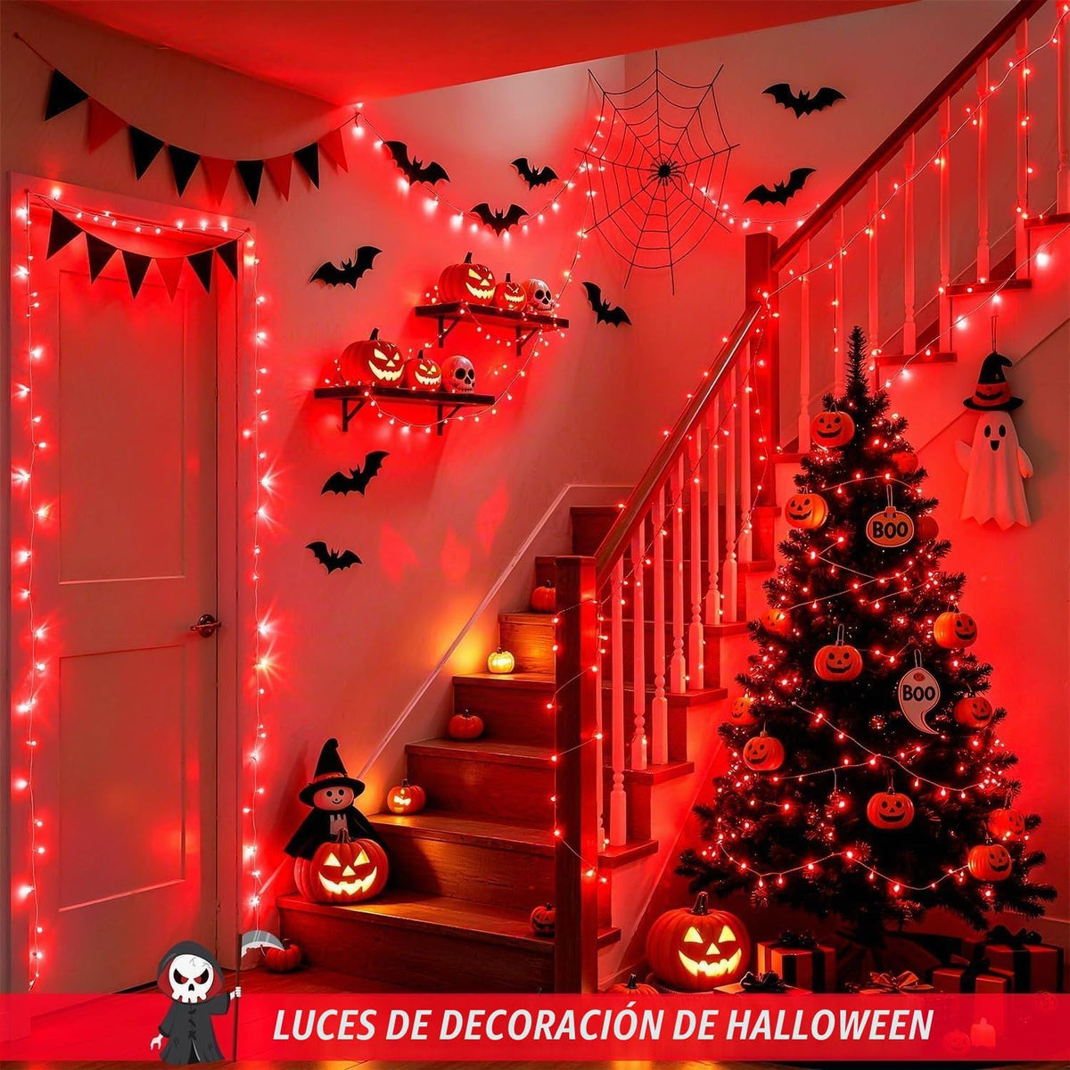 JMEXSUSS 66 pies 200 LED rojo Halloween interior al aire libre cade...