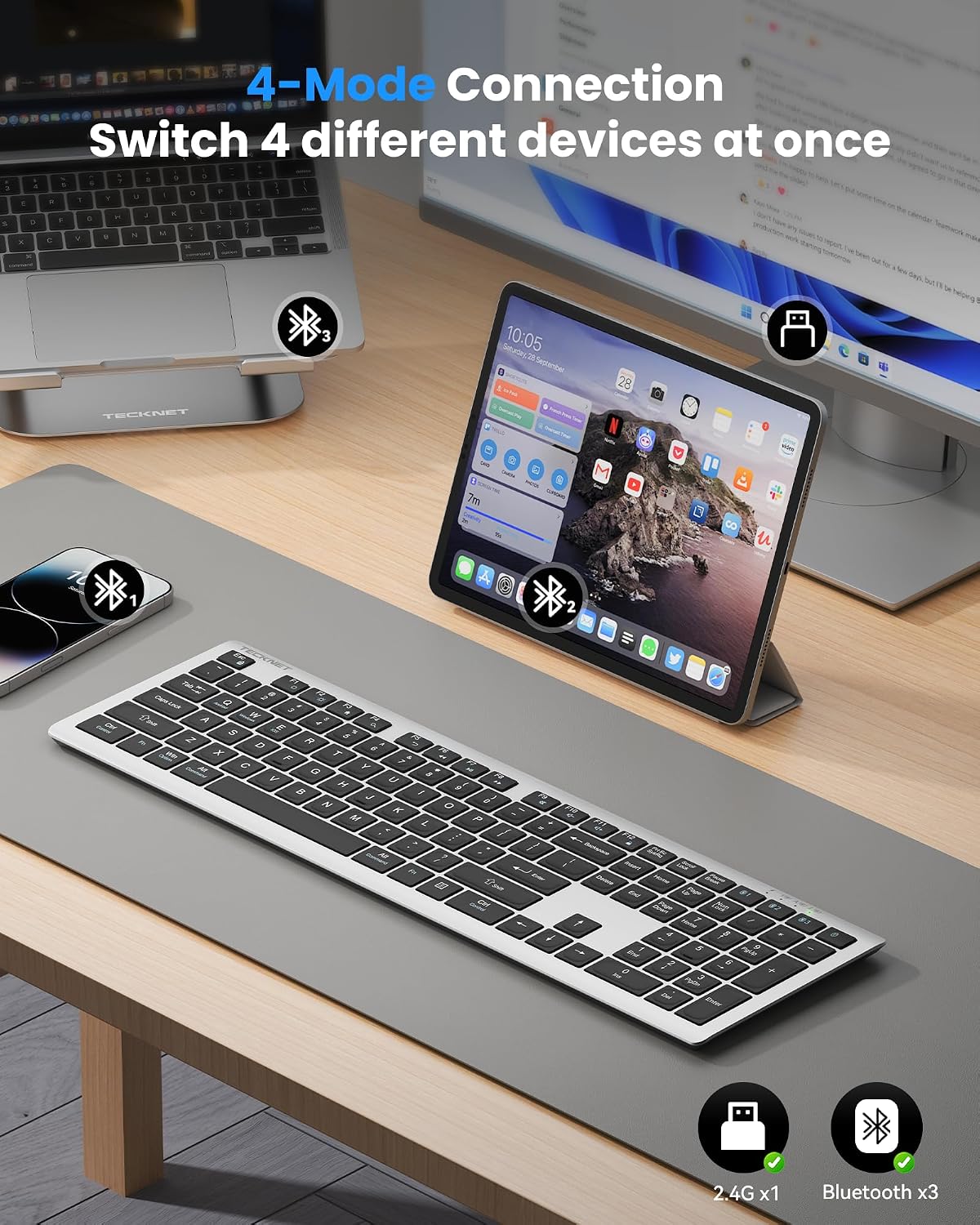 Teclado Bluetooth recargable TECKNET, cambio gratuito entre 4 dispo...