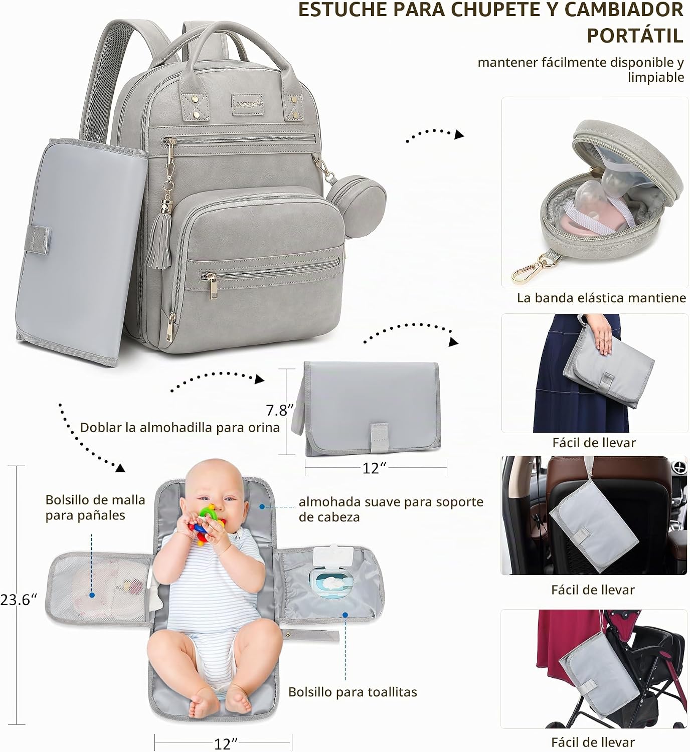ROSEGIN Mochila para Pañales de Cuero Vegano Premium con Cambiador...