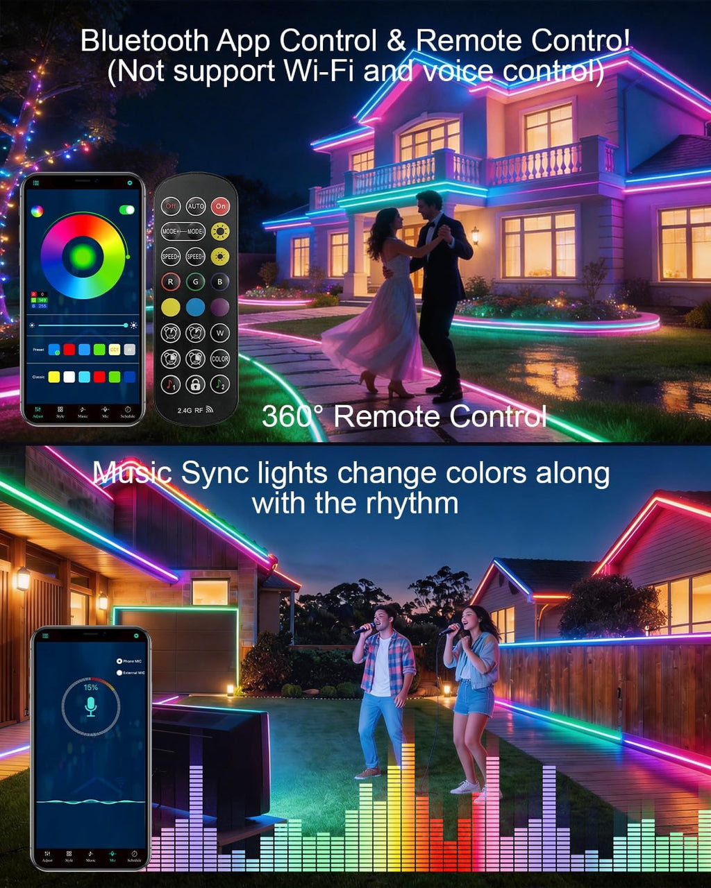 Tiras de luces LED COB de 40 pies para exteriores RGB Smart IC IP67...