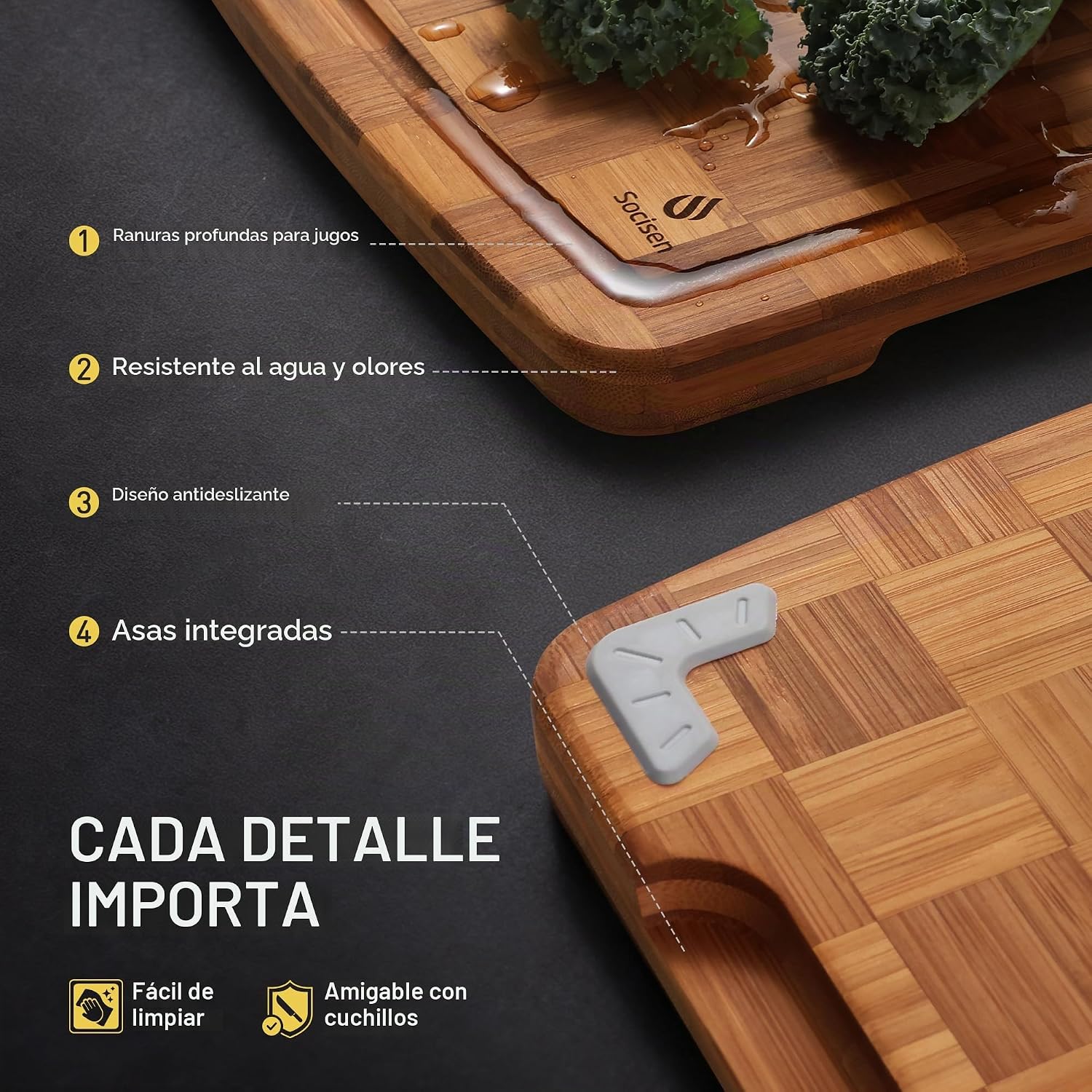 Tabla de cortar de bambú extragrande con pies antideslizantes y tab...