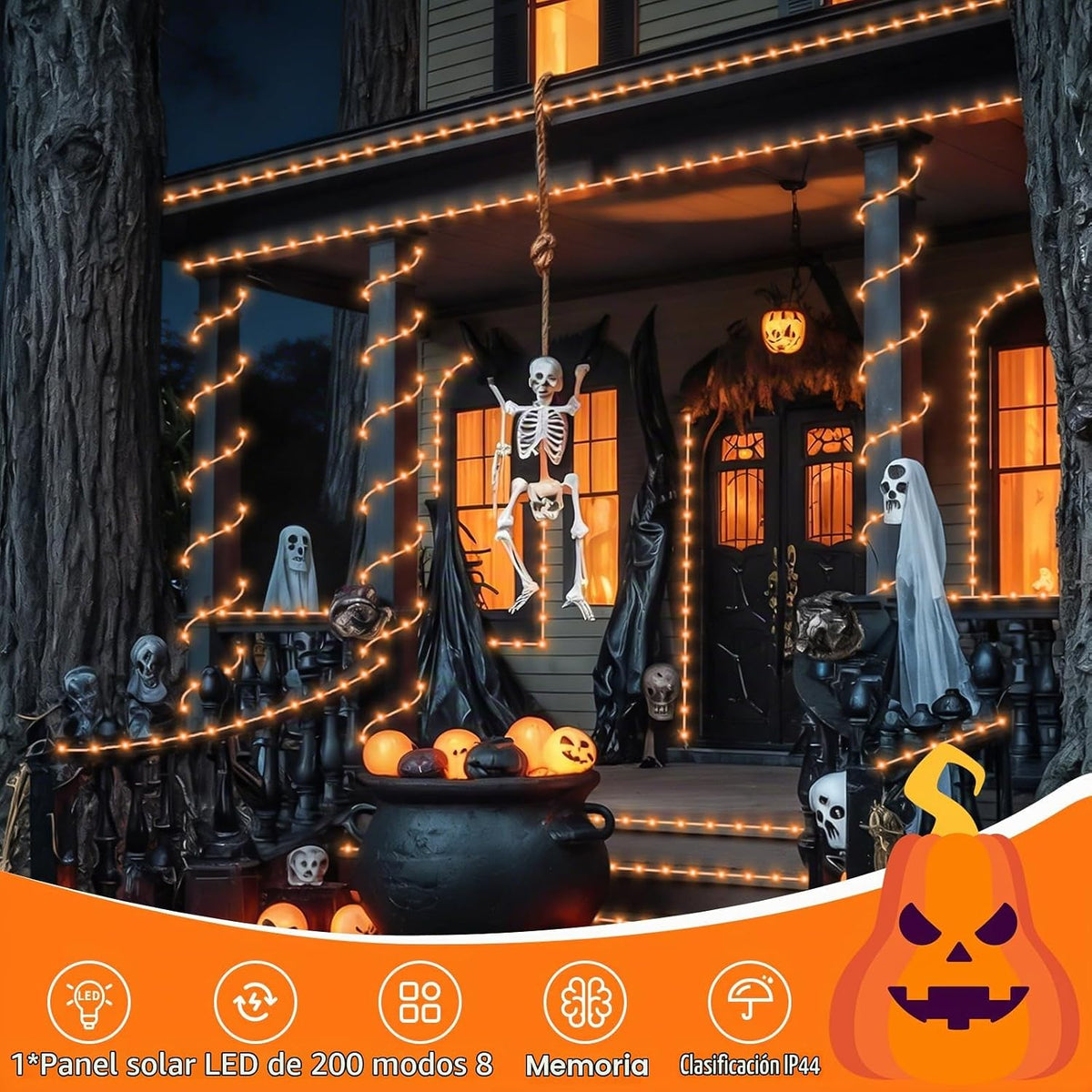 QITONG Luces solares de Halloween naranjas, 66 pies, 200 luces LED...