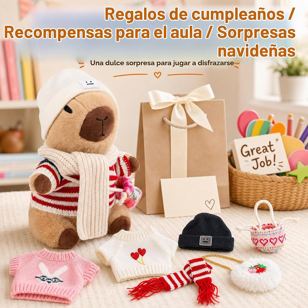 WAKSUN Capybara - Peluche con 10 piezas de ropa y accesorios, anima...