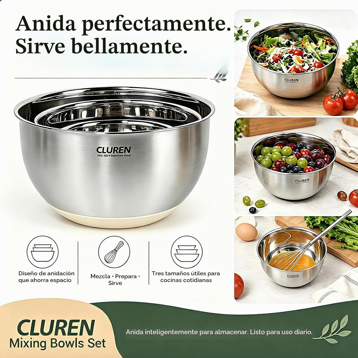 Juego de tazones para mezclar de acero inoxidable Cluren 304, 3 pie...