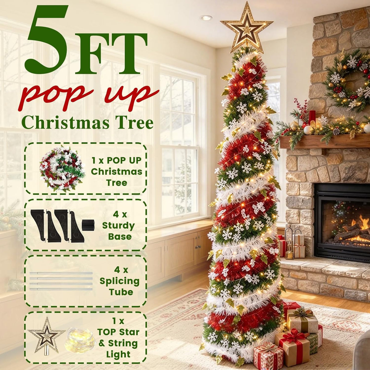 Árbol de Navidad de oropel de 5 pies con 50 luces LED cálidas, pleg...
