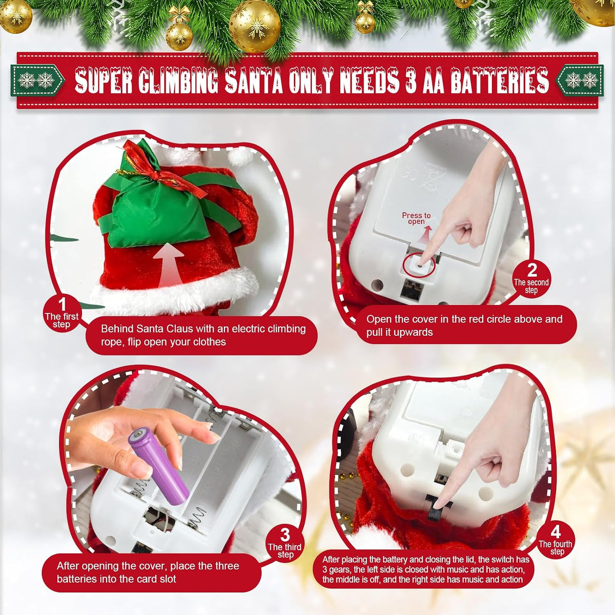 Gfilay Papá Noel trepador de 3 modos en cuerda, decoración musical...