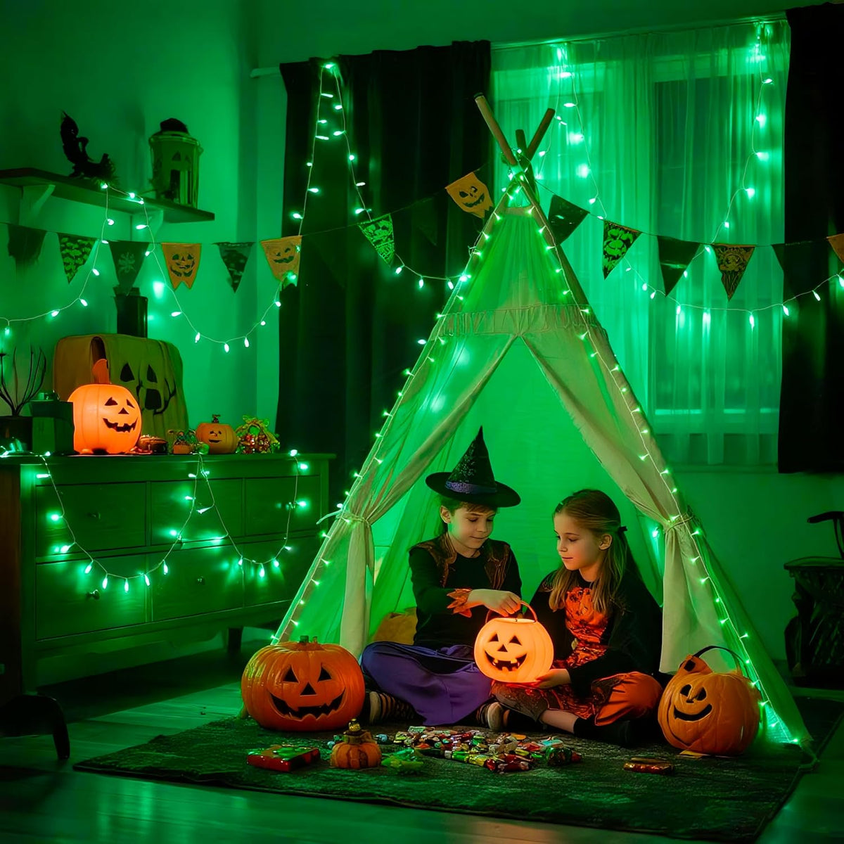 JMEXSUSS 400 luces LED verdes de Halloween de 132 pies para interio...