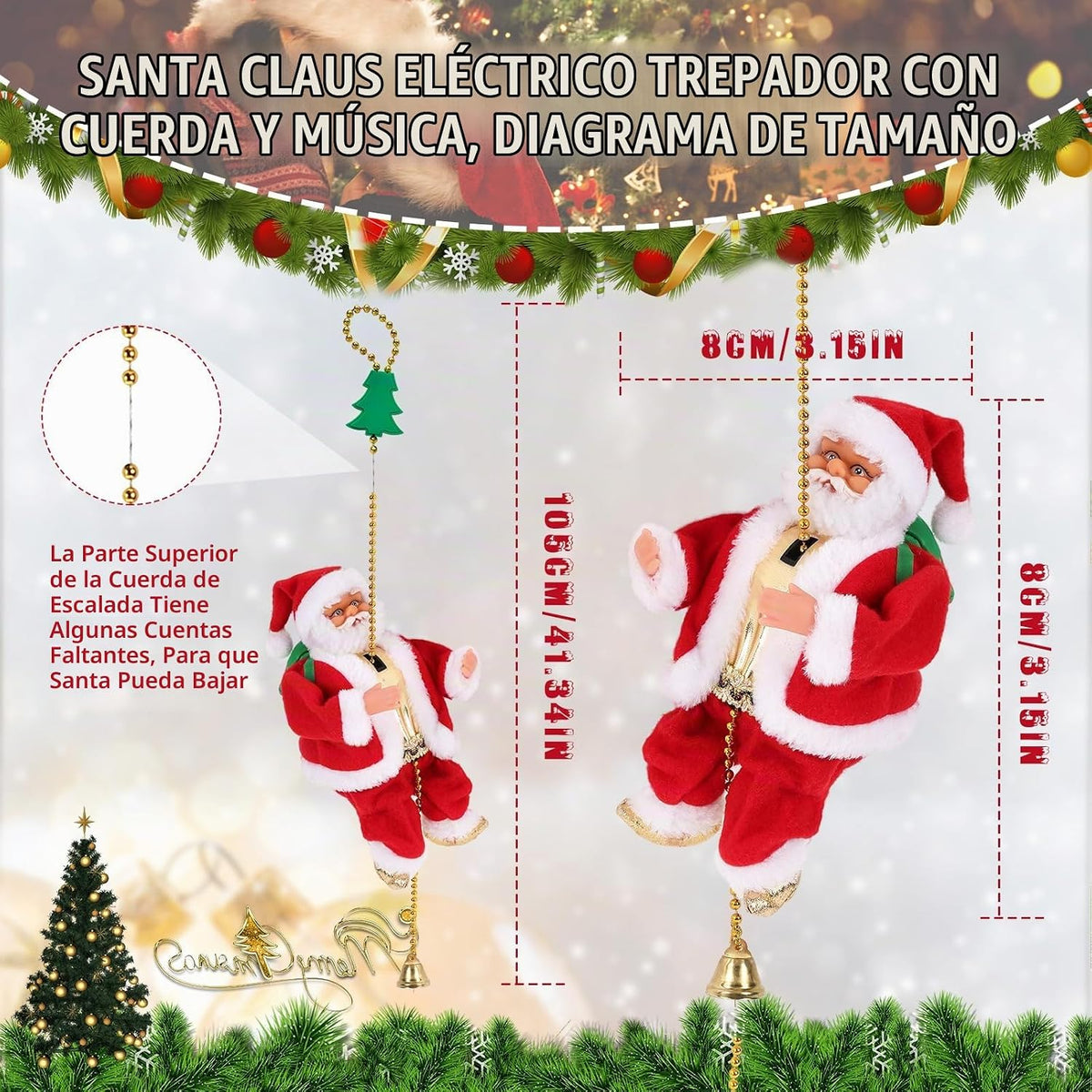 Gfilay Papá Noel trepador de 3 modos en cuerda, decoración musical...
