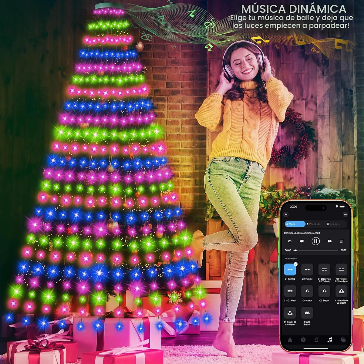 Anillo de 30 modos de luces para árbol de Navidad para interiores y...