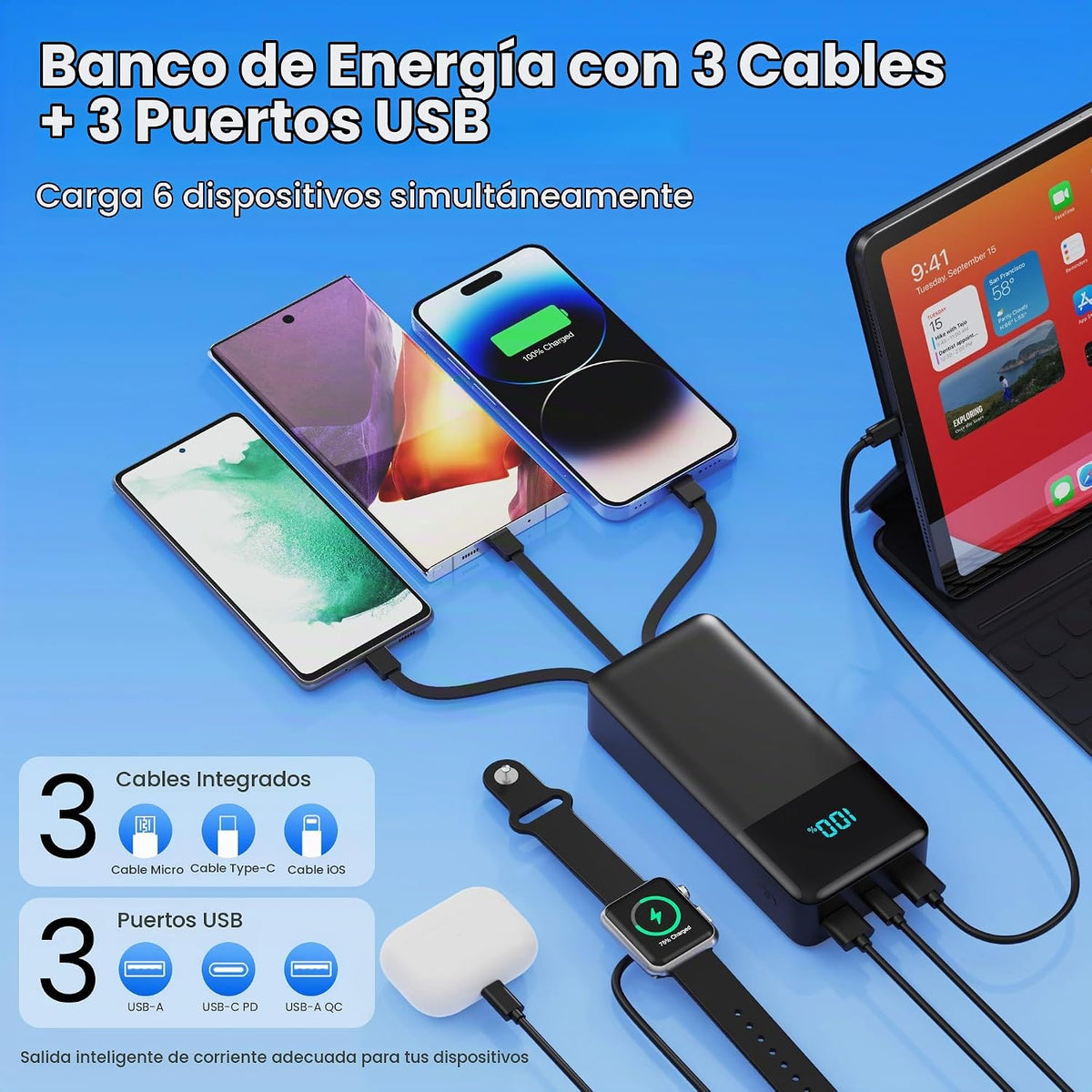 Cargador portátil de 70800 mAh con 3 cables incorporados, 25 W PD U...