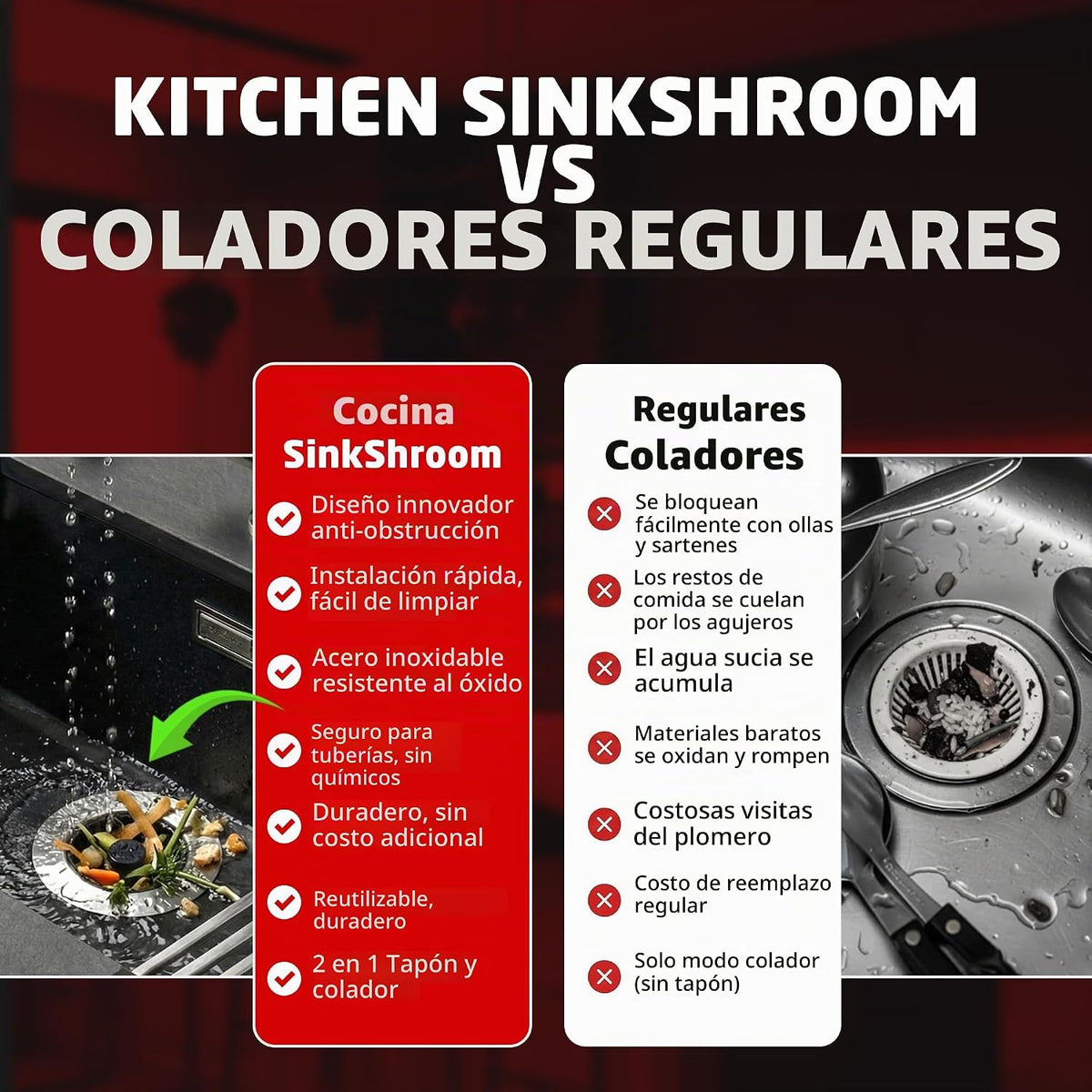 SinkShroom Colador de drenaje para fregadero de cocina, tapón de fr...