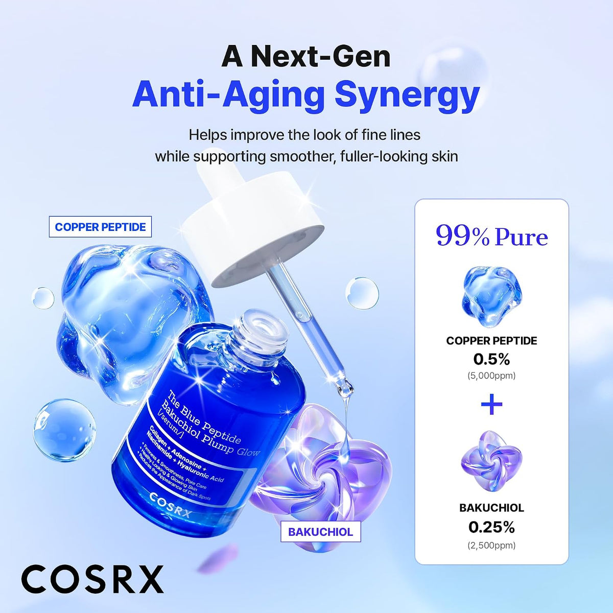 COSRX The Blue Copper Peptide Bakuchiol Suero, resplandor y relleno...