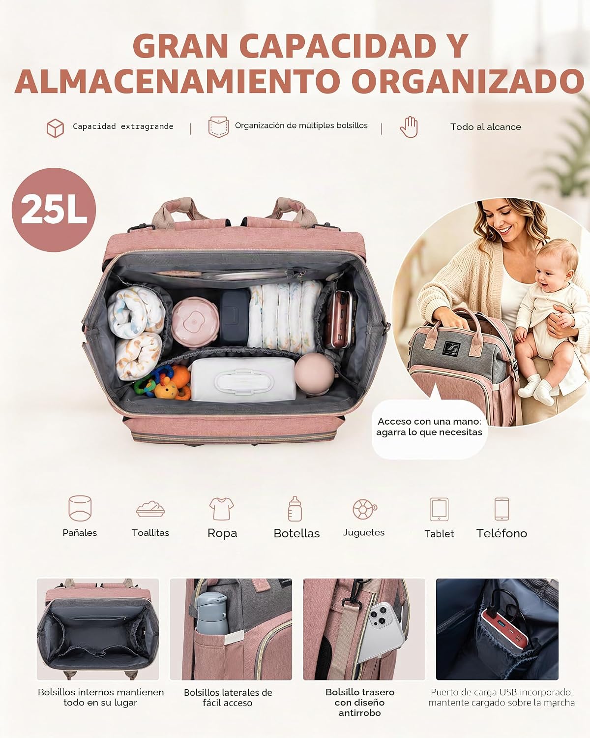 Pañalera con cambiador para mochila para bebé: Pañaleras rosas gran...