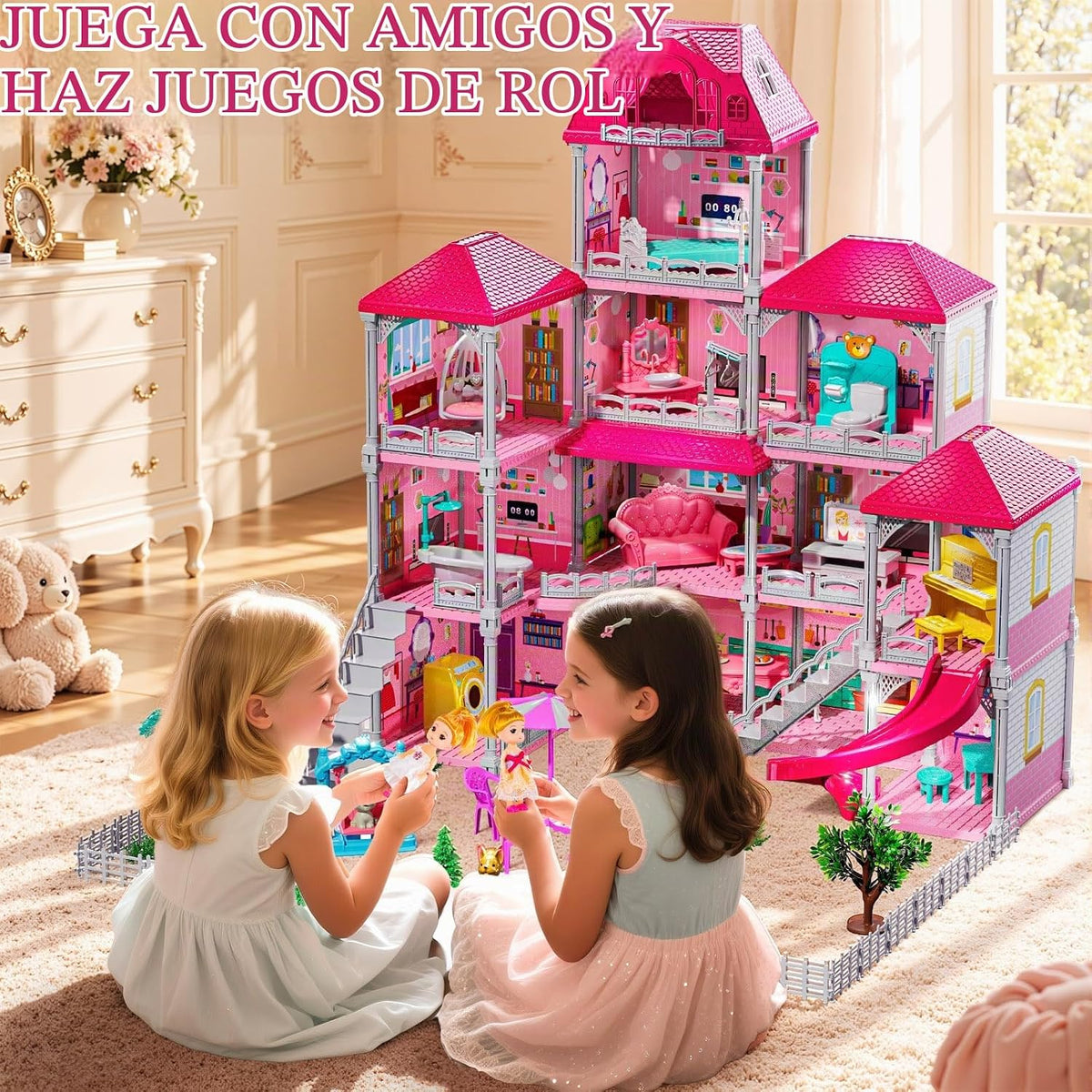 Casa rosa de 4 pisos para niñas de 3 años en adelante, juego de vil...