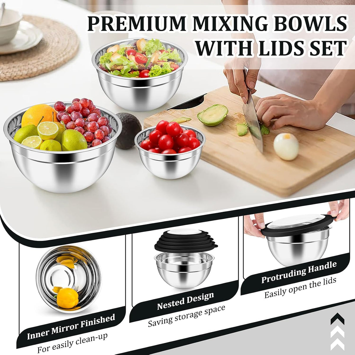 P&amp;P CHEF Juego de 5 tazones para mezclar con tapas herméticas v...