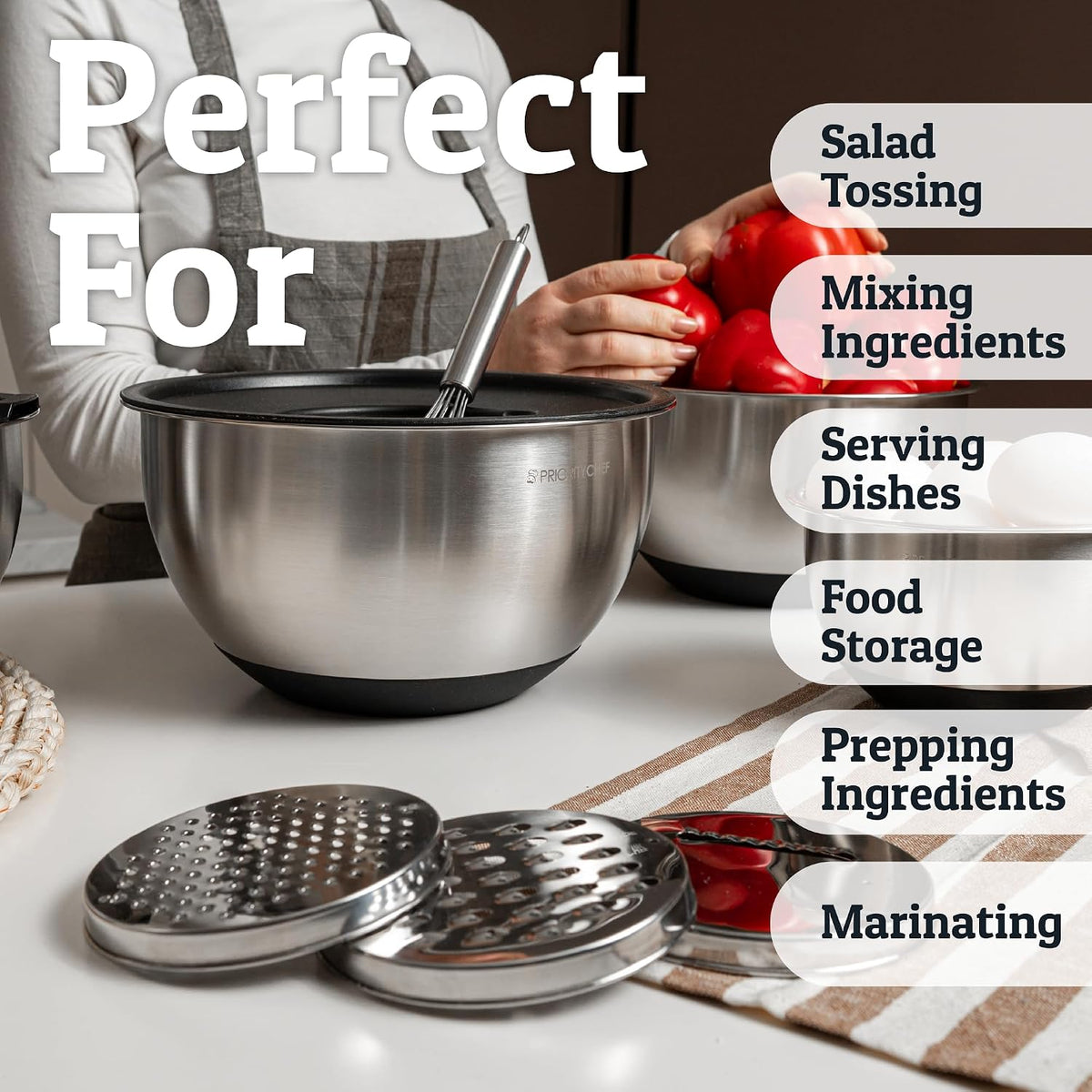 Priority Chef Juego de tazones para mezclar de acero inoxidable con...