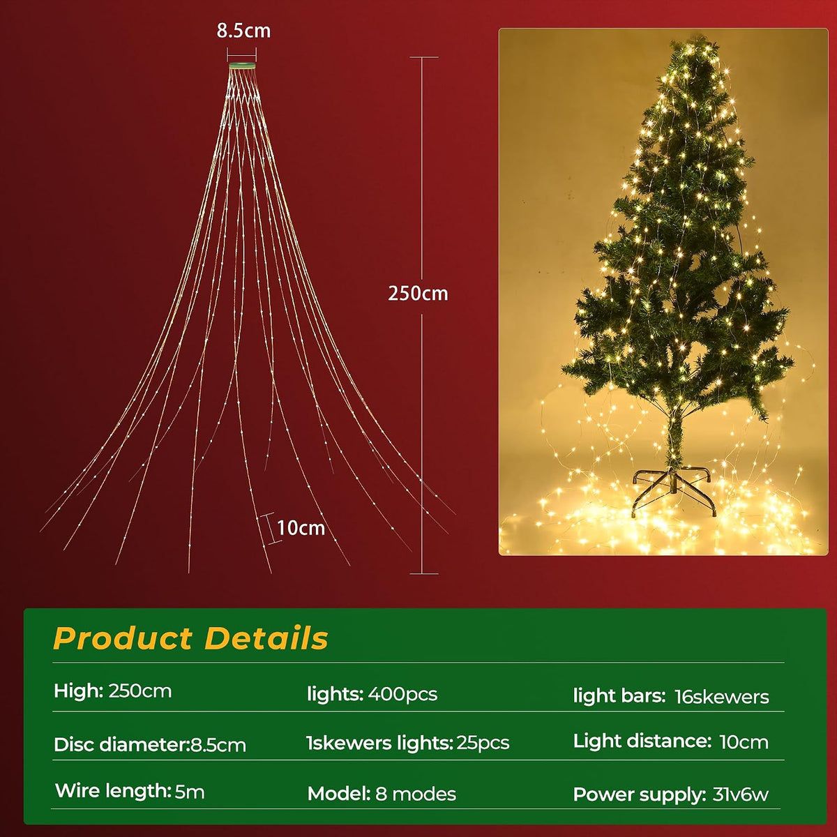ForChic Luces de árbol de Navidad, 400 luces LED de Navidad con 8 m...