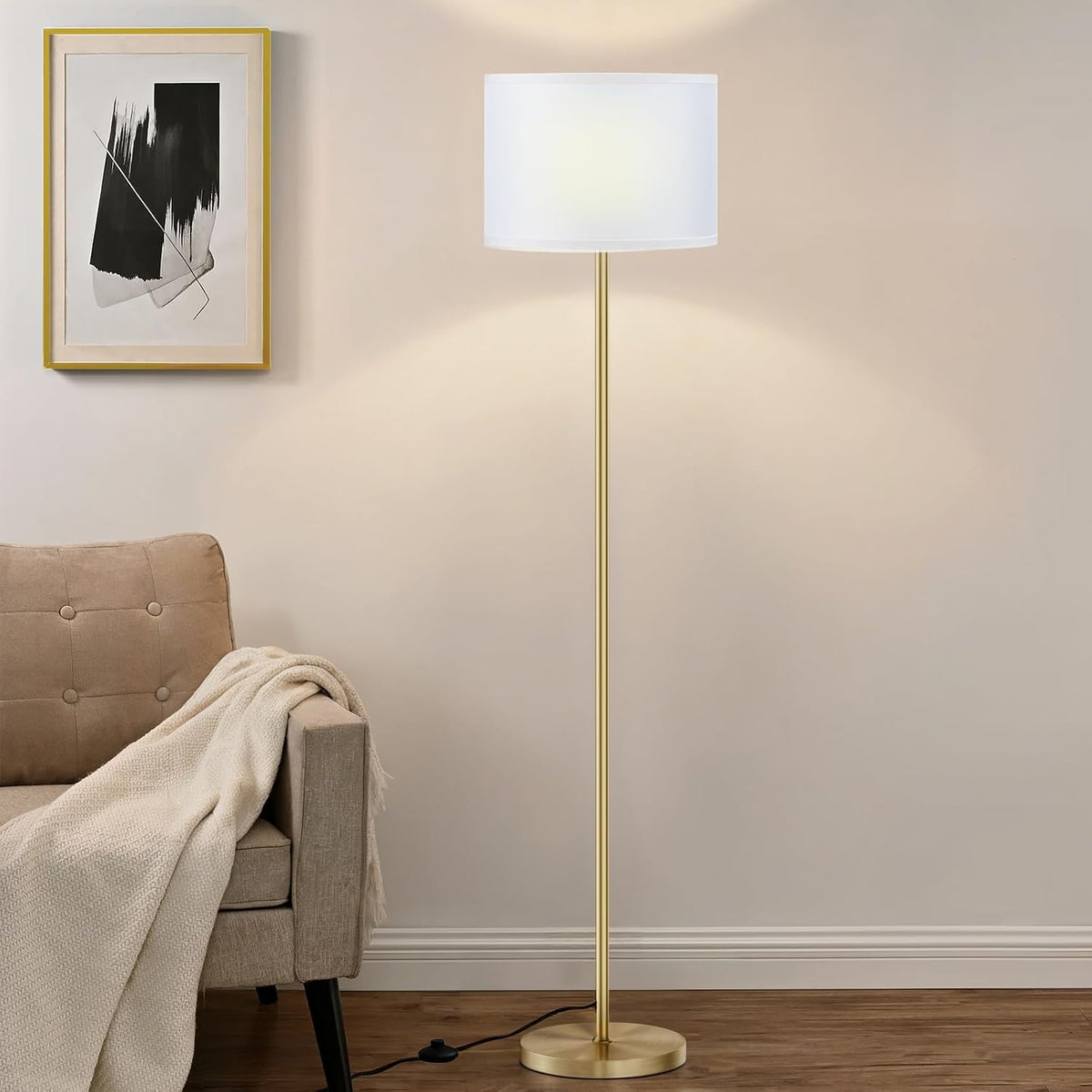 Lámpara de pie moderna de diseño simple con pantalla blanca, interruptor de pedal, lámparas pequeñas y altas de 60 pulgadas para el hogar, dormitorio y oficina, lámpara con poste negro (sin bombilla)