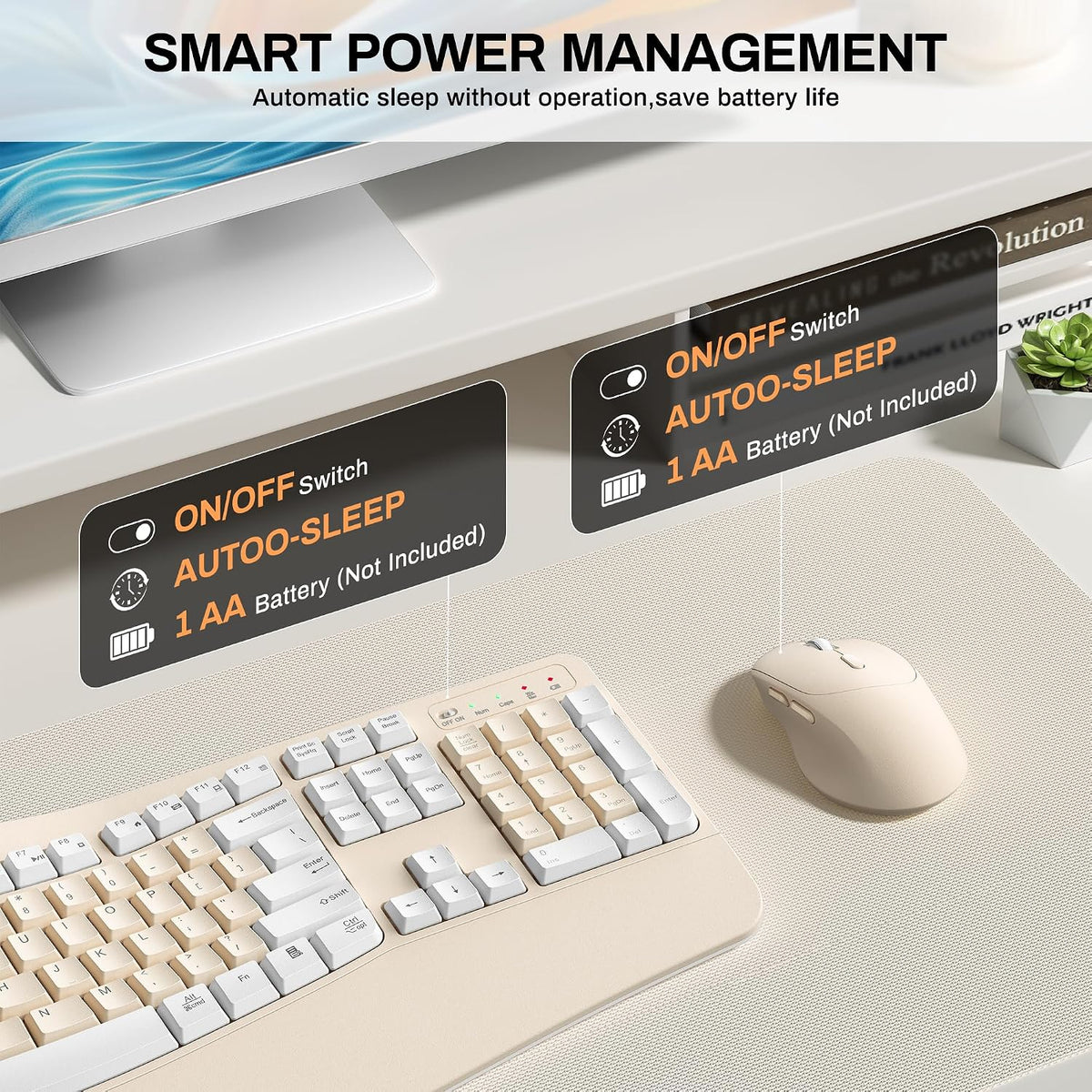 Combo ergonómico de teclado y mouse inalámbricos, teclado Wave Keys...