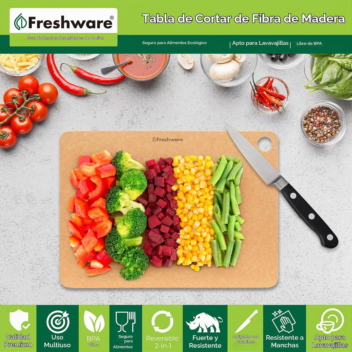 Freshware Tablas de cortar de madera para cocina, aptas para lavava...