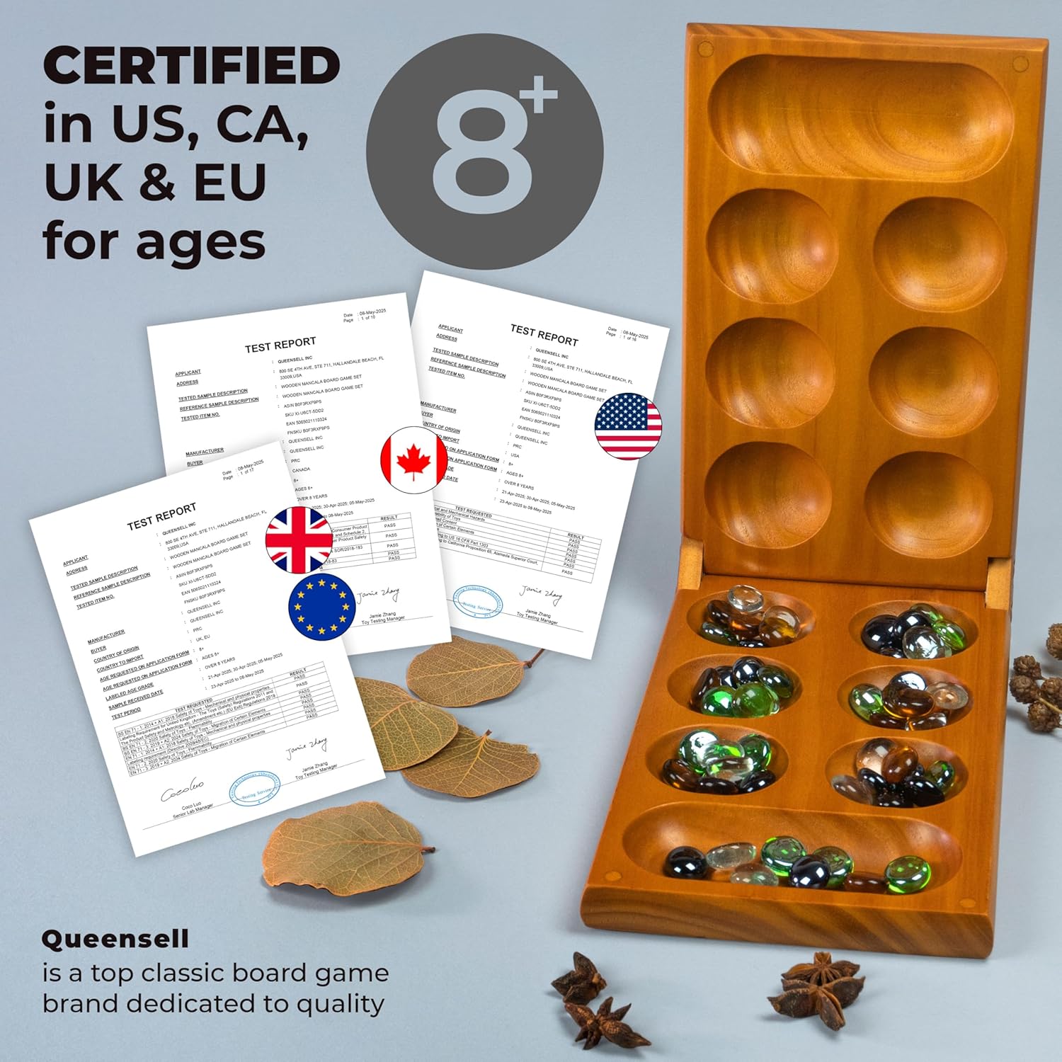 Mancala - Juego de mesa con bloqueo magnético, juego plegable clásico para 2 jugadores, juego de mancala de madera con 56 guijarros de cristal, juego de Mancala para niños y adultos