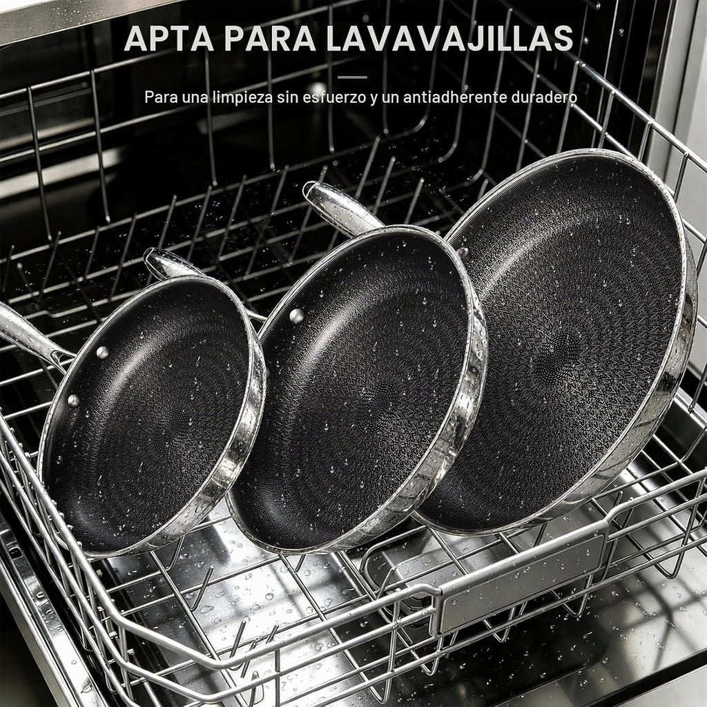 Ammeloo Juego de 3 sartenes antiadherentes, sartenes de acero inoxi...