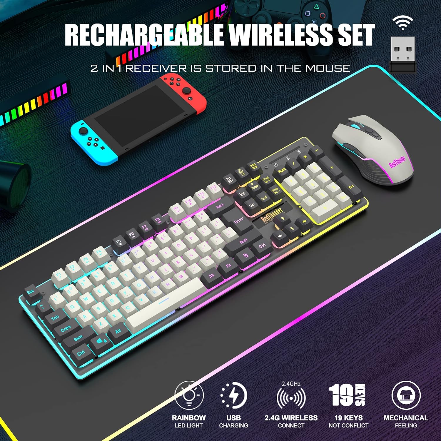 RedThunder K10 Pro Combo de teclado y mouse inalámbricos para juego...