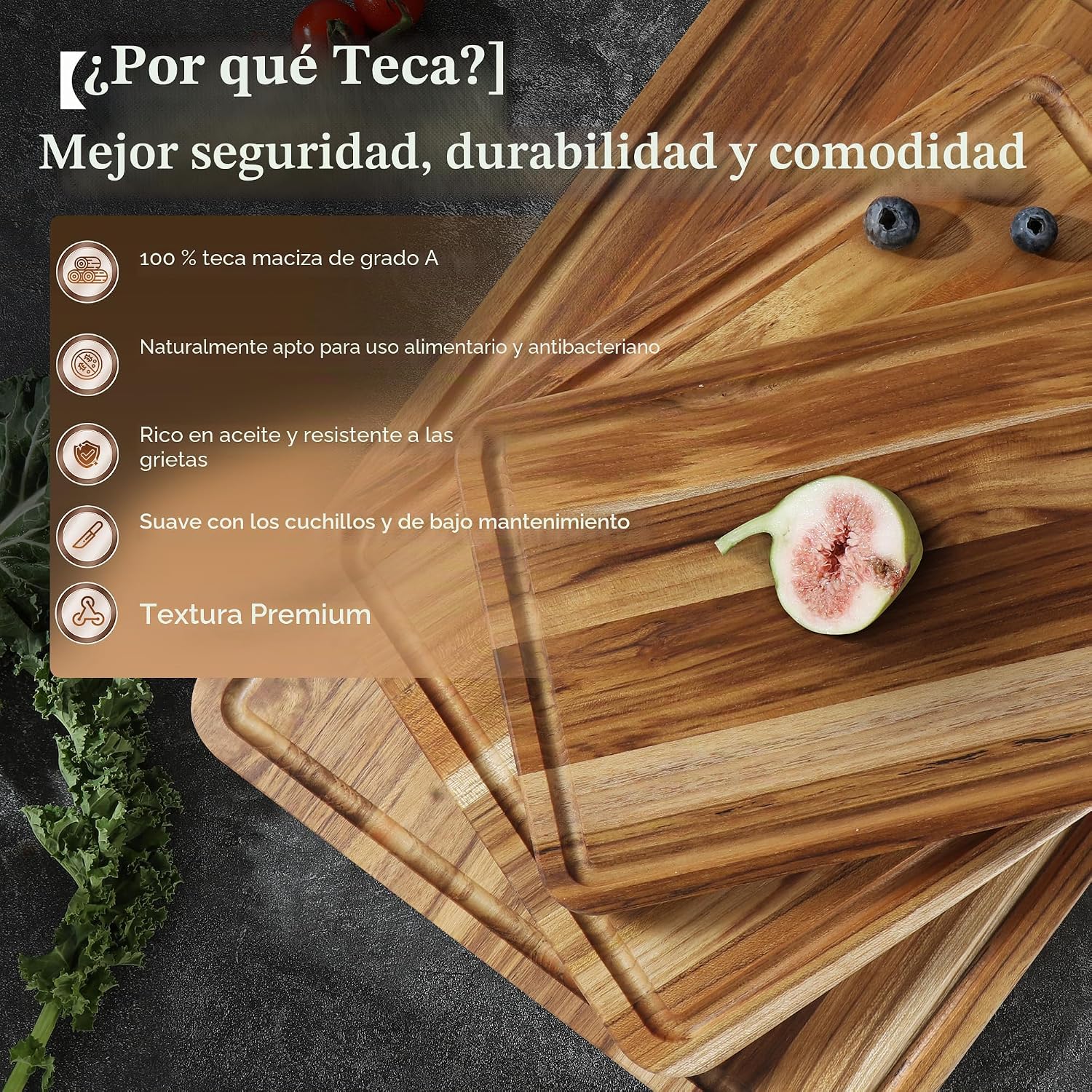 Juego de 4 tablas de cortar de teca para cocina, tabla de cortar de...