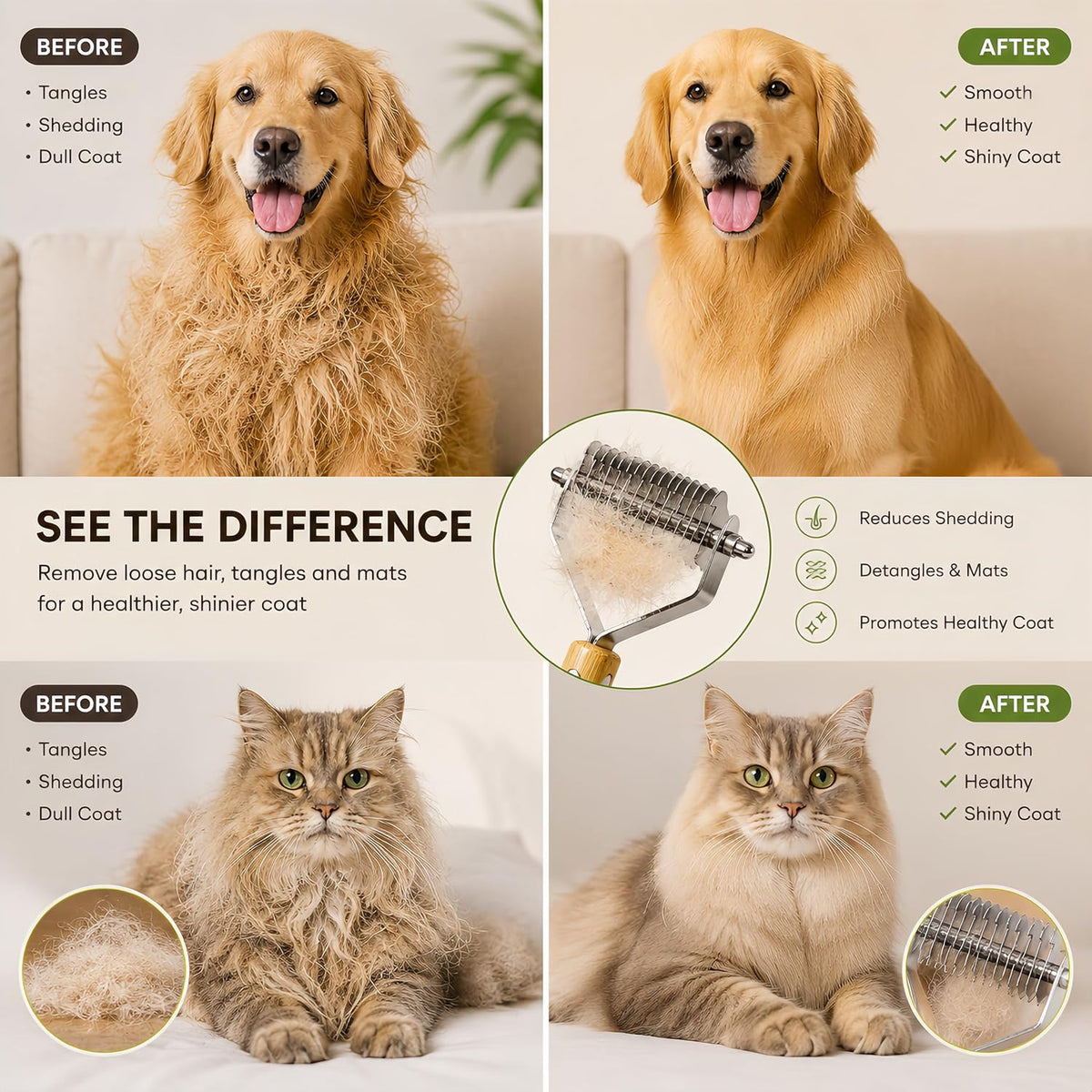 Juyoolumin Kit de aseo de mascotas de bambú para perros y gatos de...