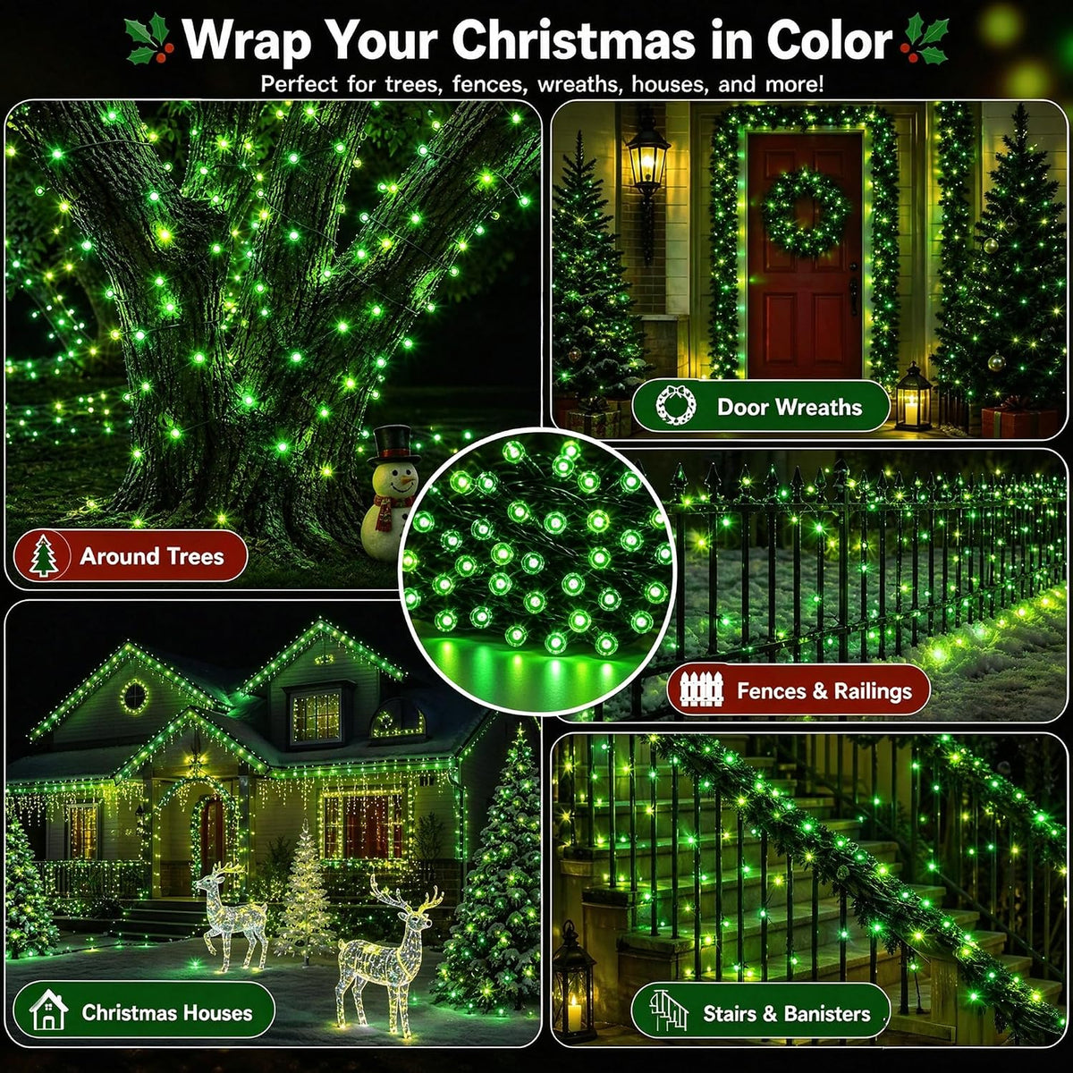 TW SHINE Luces navideñas verdes, 200 LED de 66 pies, luces navideña...