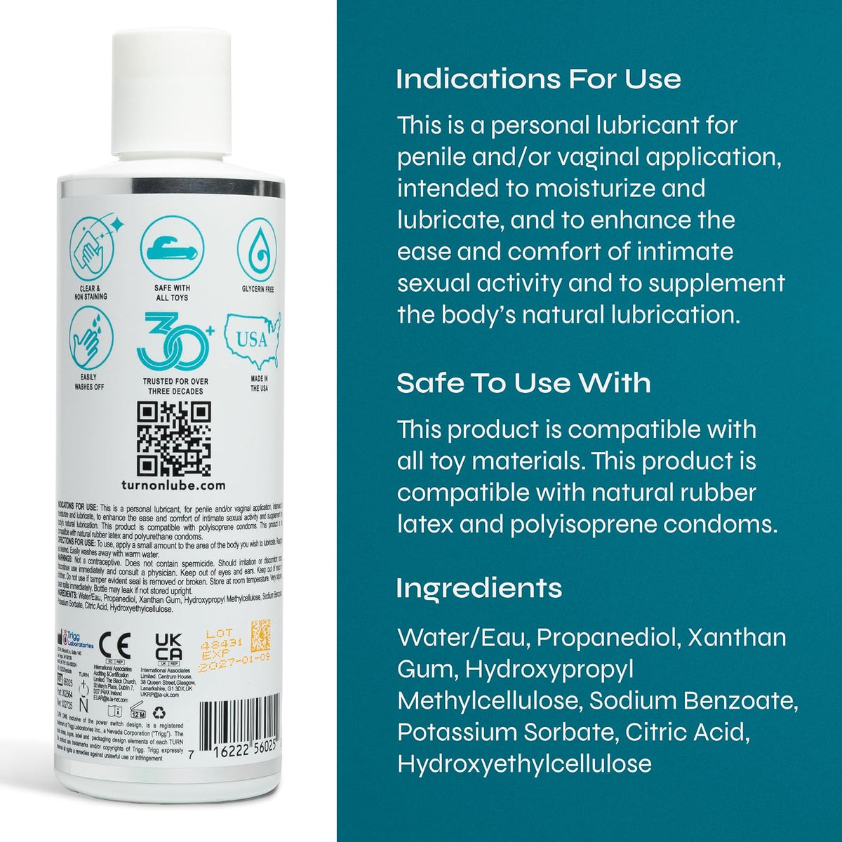 Turn On Lubricante a base de agua Toy-Safe, no mancha, fácil de lim...